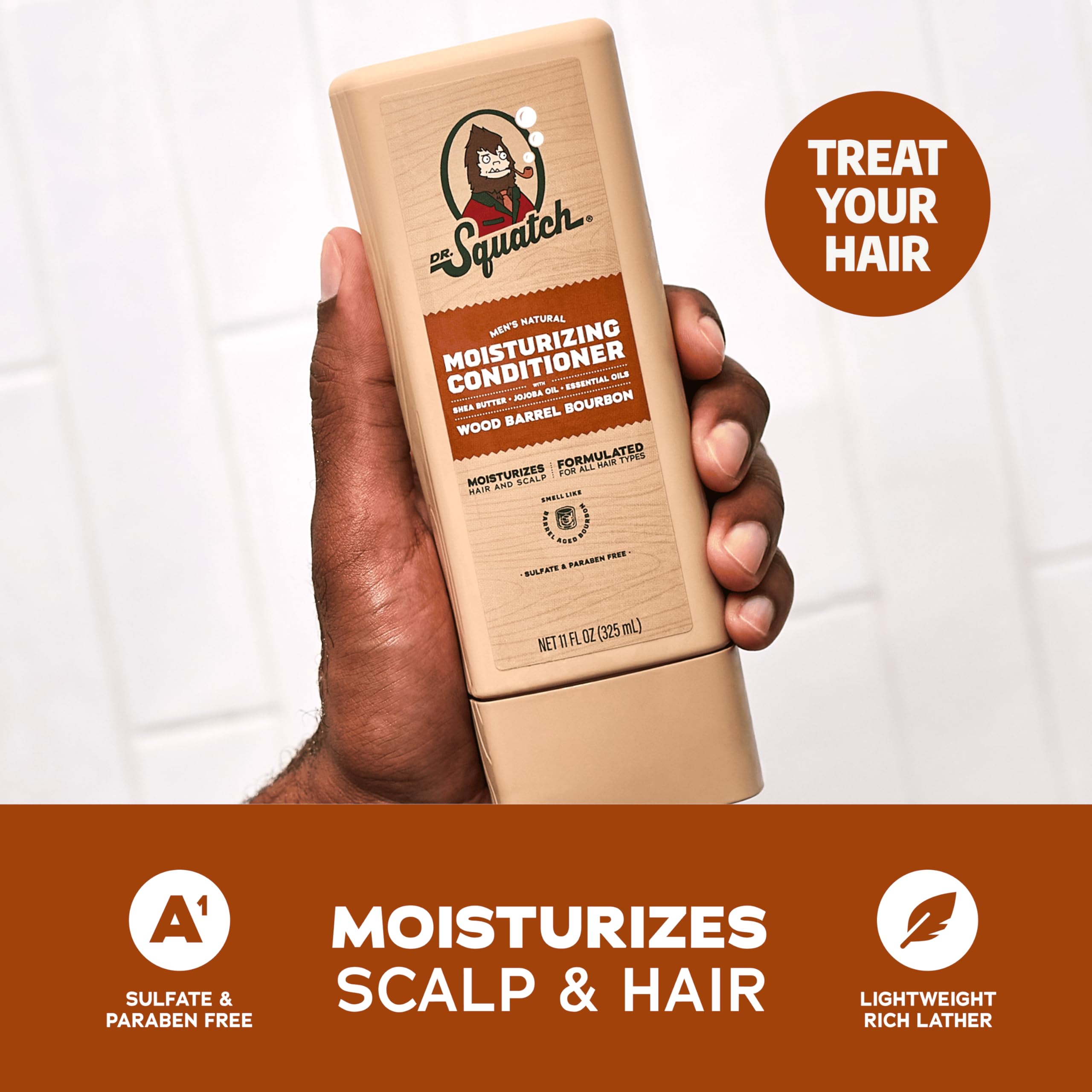Dr. Squatch Natural Hair Bundle for Men - Healthy, Full Looking Hair - Wood Barrel Bourbon Shampoo (11 fl oz), Wood Barrel Bourbon Conditioner (11 fl oz)
