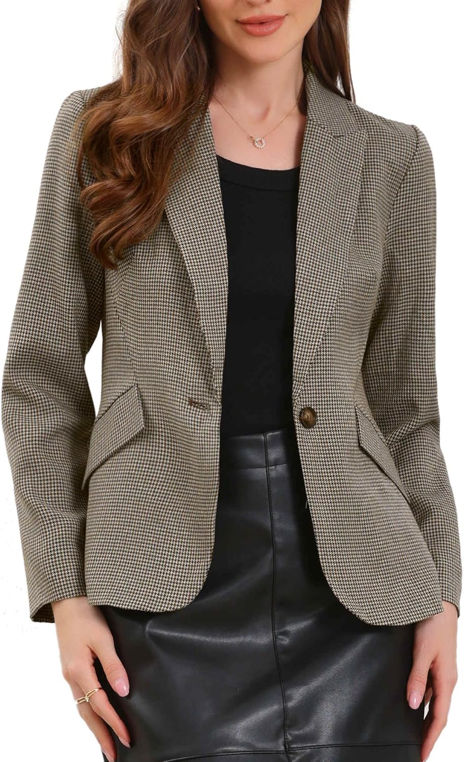 Allegra K Plaid Business Blazer for Women's Houndstooth Lapel Collar One Button Work Office Suit Jacket