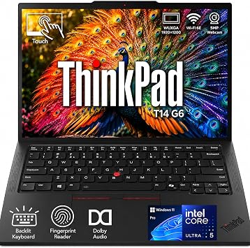 Lenovo ThinkPad T14 Gen 6 AI Business Laptop, 14" WUXGA Touchscreen, Backlit Keyboard, Powerful AI Boost Intel Core Ultra 5 225U, 16GB DDR5 RAM, 1TB SSD, Fingerprint Reader, Ethernet, Windows 11 Pro