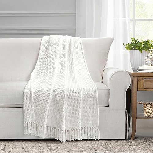 Lush Decor Manta de punto de algodón gofre, 60 x 50 pulgadas, color blanco
