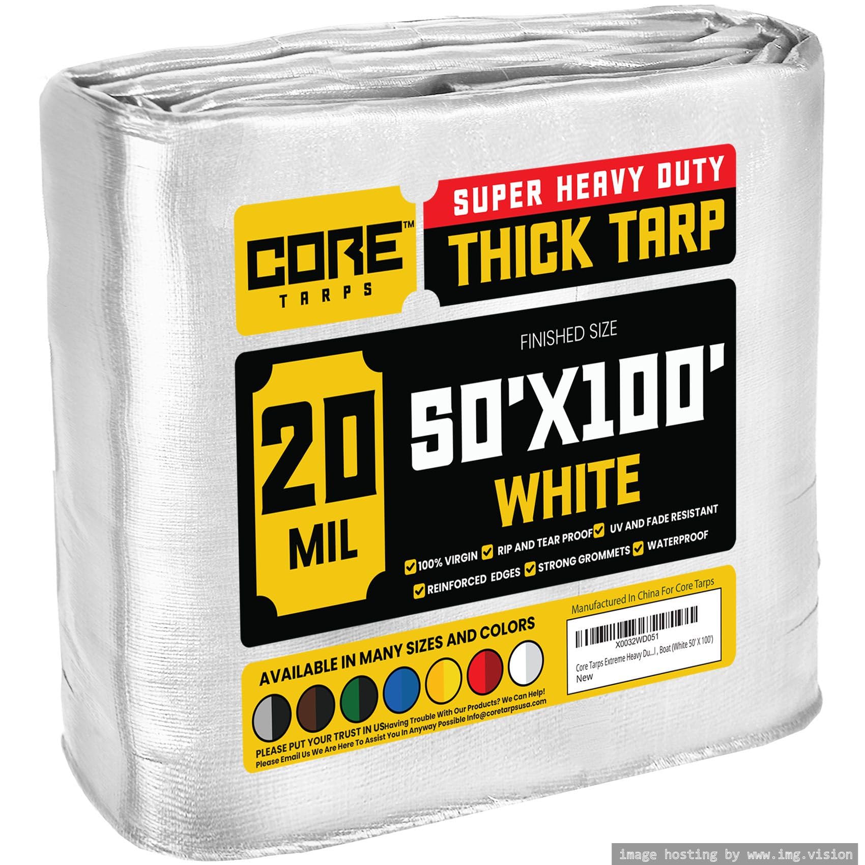 Core Tarps Extreme Heavy Duty 20 Mil Tarp Cover, Waterproof, UV Resistant, Rip and Tear Proof, Poly Tarpaulin with Reinforced Edges for Roof, Patio, Pool, Boat (White 50′ X 100′)