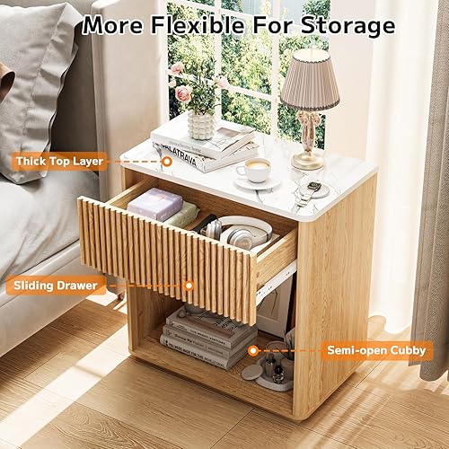 Miniatura 6 de Juego de 2 mesitas de noche acanaladas modernas para dormitorio, mesita de noche de mediados de siglo con cajón y estante abierto, mesa auxiliar de