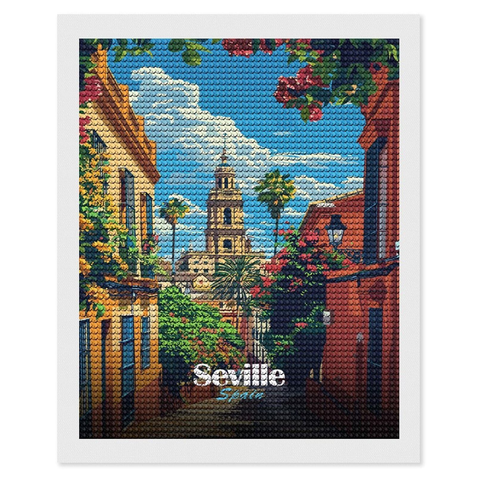 Junmoney Seville, Spain Street View Illustration Diamond Painting Set 16"x20", for Adults, Decorate Your Room, Thoughtful Handmade Gift, Boho Decor, with Tool Kit