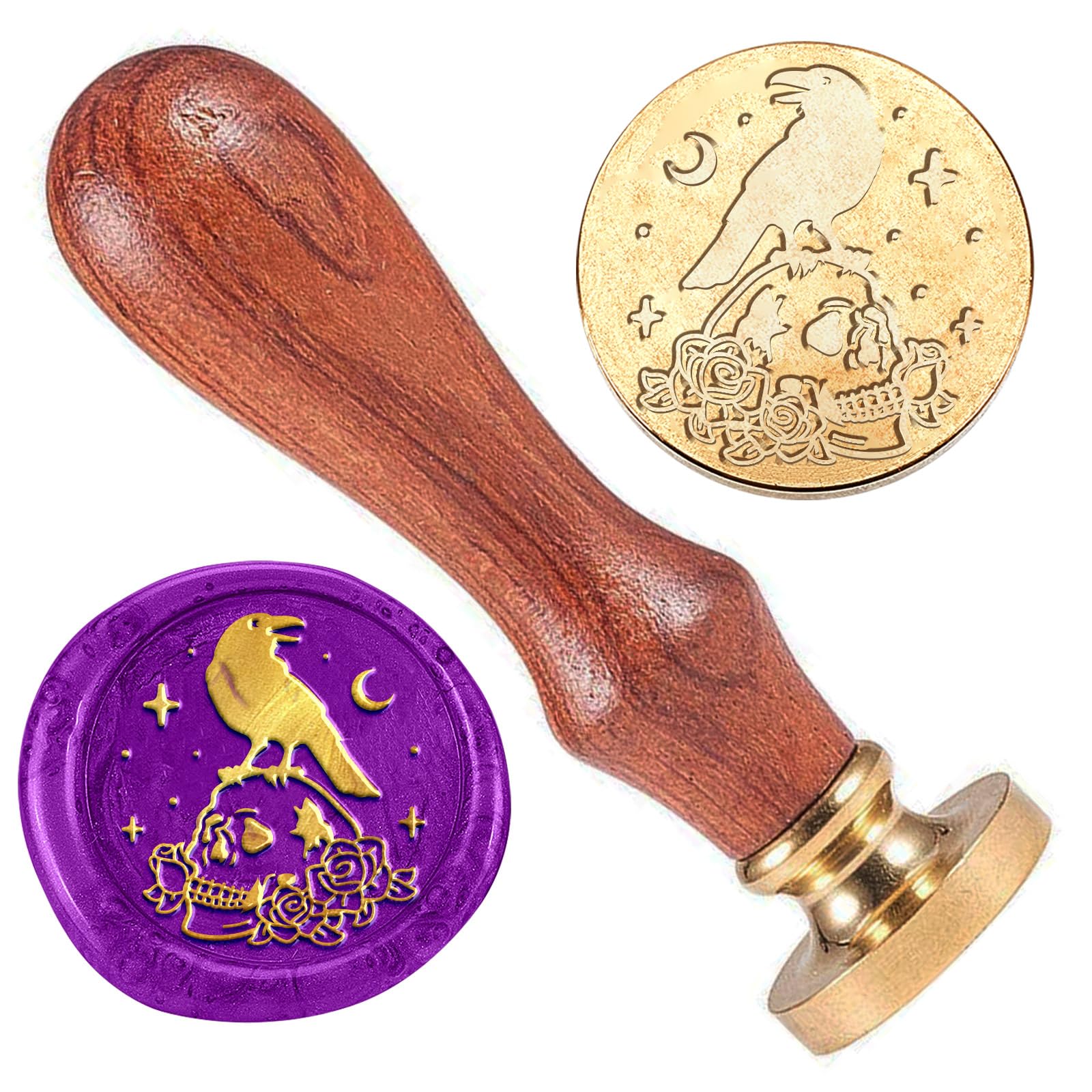 DELORIGIN Halloween Skull Wax Stamp, 1" Removable Brass Stamp Head with Wood Handle Retro Crow Wax Sealing Stamp for Envelopes Party Invitations Wine Packages Greeting Cards Decoration