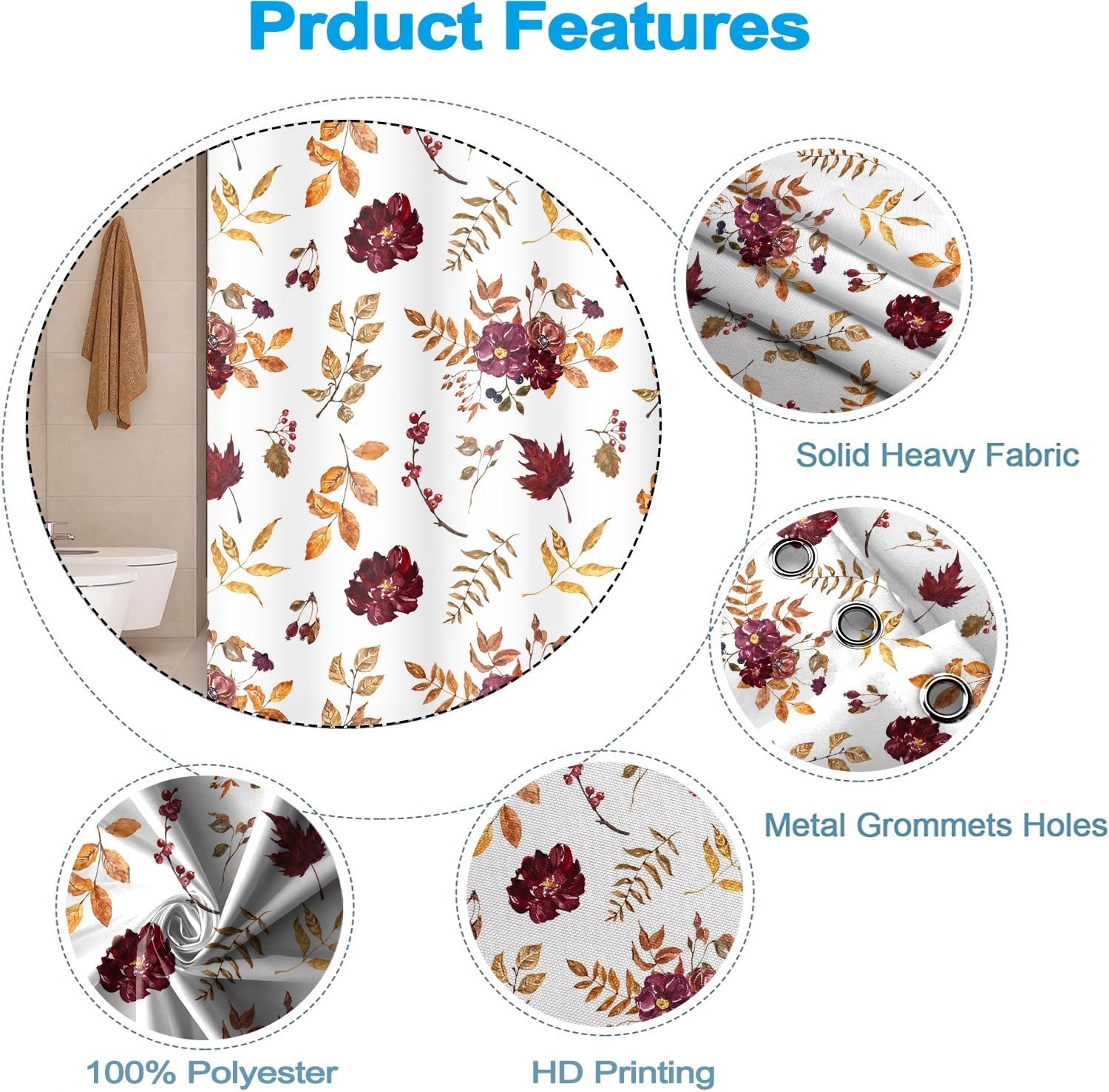 Fall Shower Curtain 72x72inches Autumn Thanksgiving Harvest Shower Curtain Set with Hooks Burgundy Flowers Yellow Orange Leaves Waterproof Fabric Shower Curtains for Bathroom