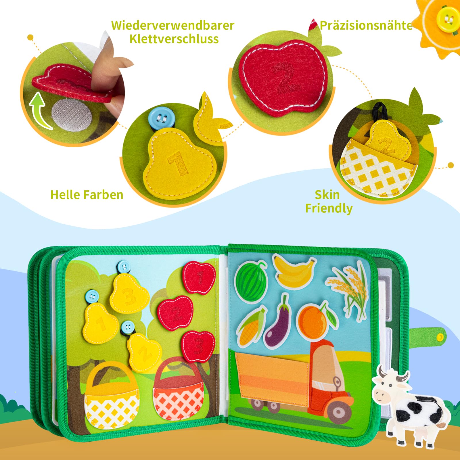 Quanquer Montessori Busy Board Deutsche Spielzeug ab 1 2 3 4 Jahre - Bauernhof Book für Frühe Bildung Auto & Flugzeug Fahrten - Geburtstag Feiertag Ostern Kindertag Geschenke für Kleinkinder