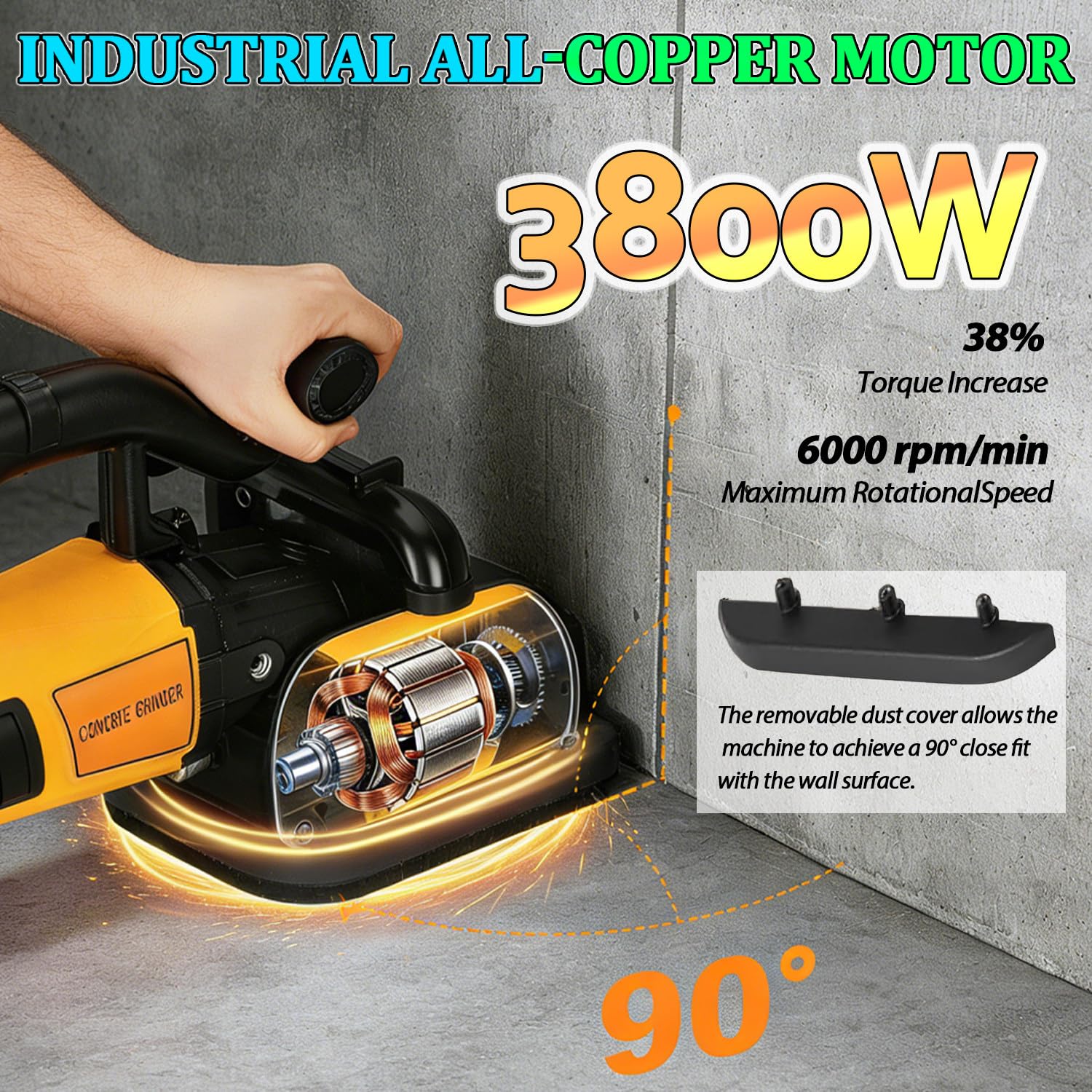 Pulidora de hormigón de 4 Cabezales, pulidora de Suelos en seco y húmedo con Varillas de extensión de 4 Secciones, 3800 W, 6 velocidades, para renovación Industrial. 110V-W/vacuumcleaner