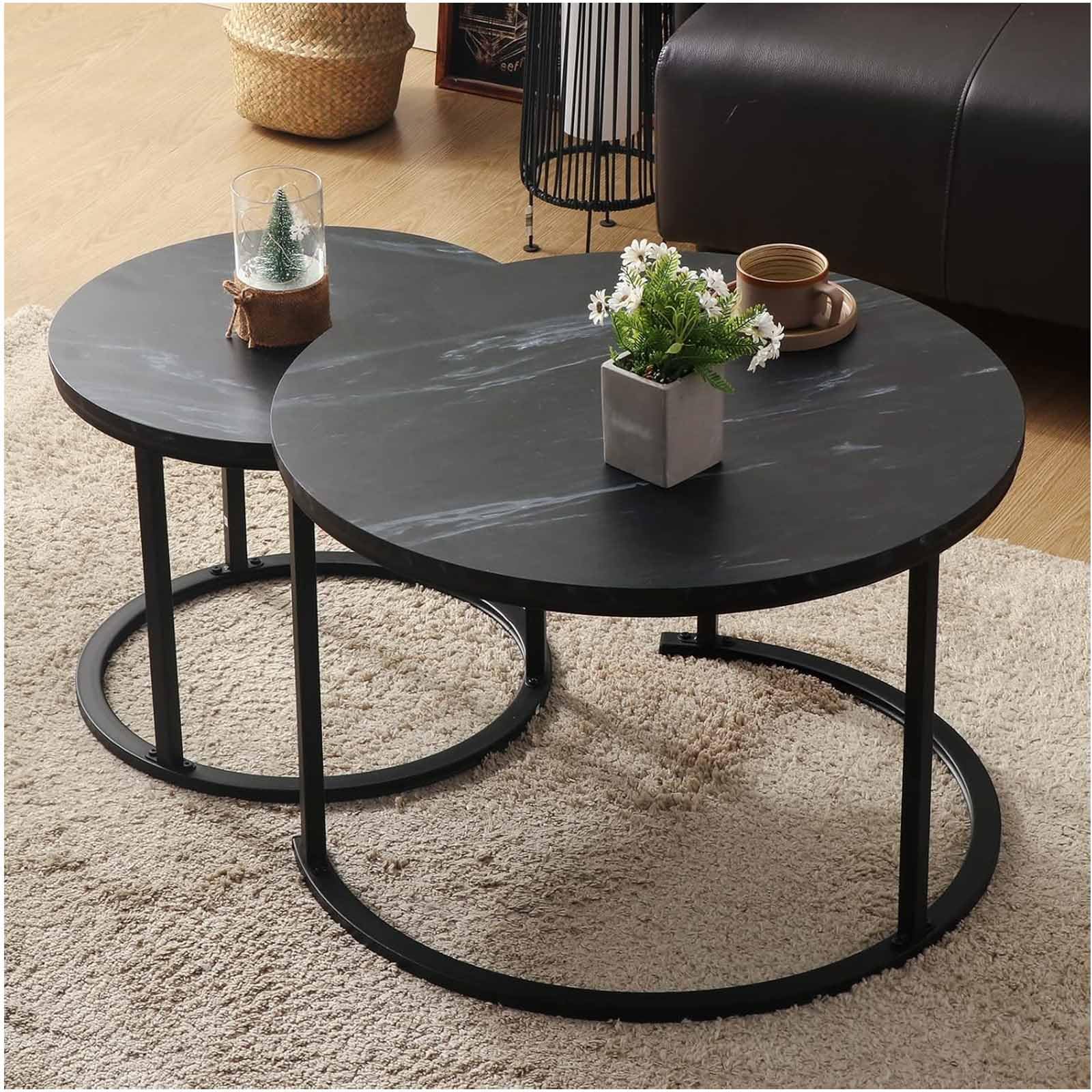 SXZenSpace Modern Small Round Nesting Coffee Table, Faux Marble Table Set of 2 with Stacking Waterproof Wood Top & Metal Frame, Center for Living Room, Mid Century Accent Side Tables Bedroom