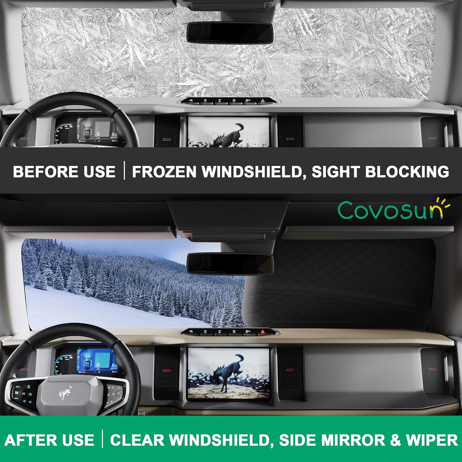 Windshield Snow Cover for Ford Bronco, Side Mirrors and Wiper Protection, Premium Waterproof Windshield Cover for Ford Bronco 2021-2024, 2 Door and 4 Door (Not for Bronco Sport)