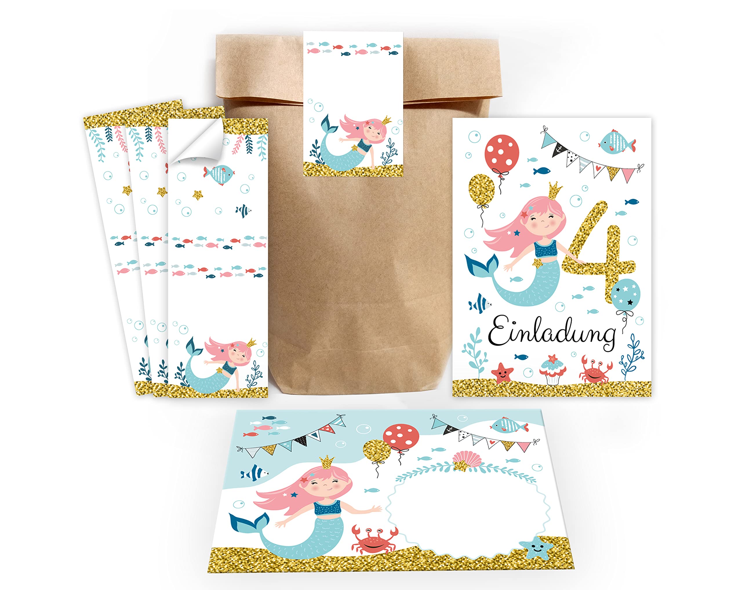 Minkocards 12 Einladungskarten zum vierten Kindergeburtstag 4. Geburtstag Mädchen Meerjungfrau incl. 12 Umschläge, 12 Partytüten/natur, 12 Aufkleber Einladungsset