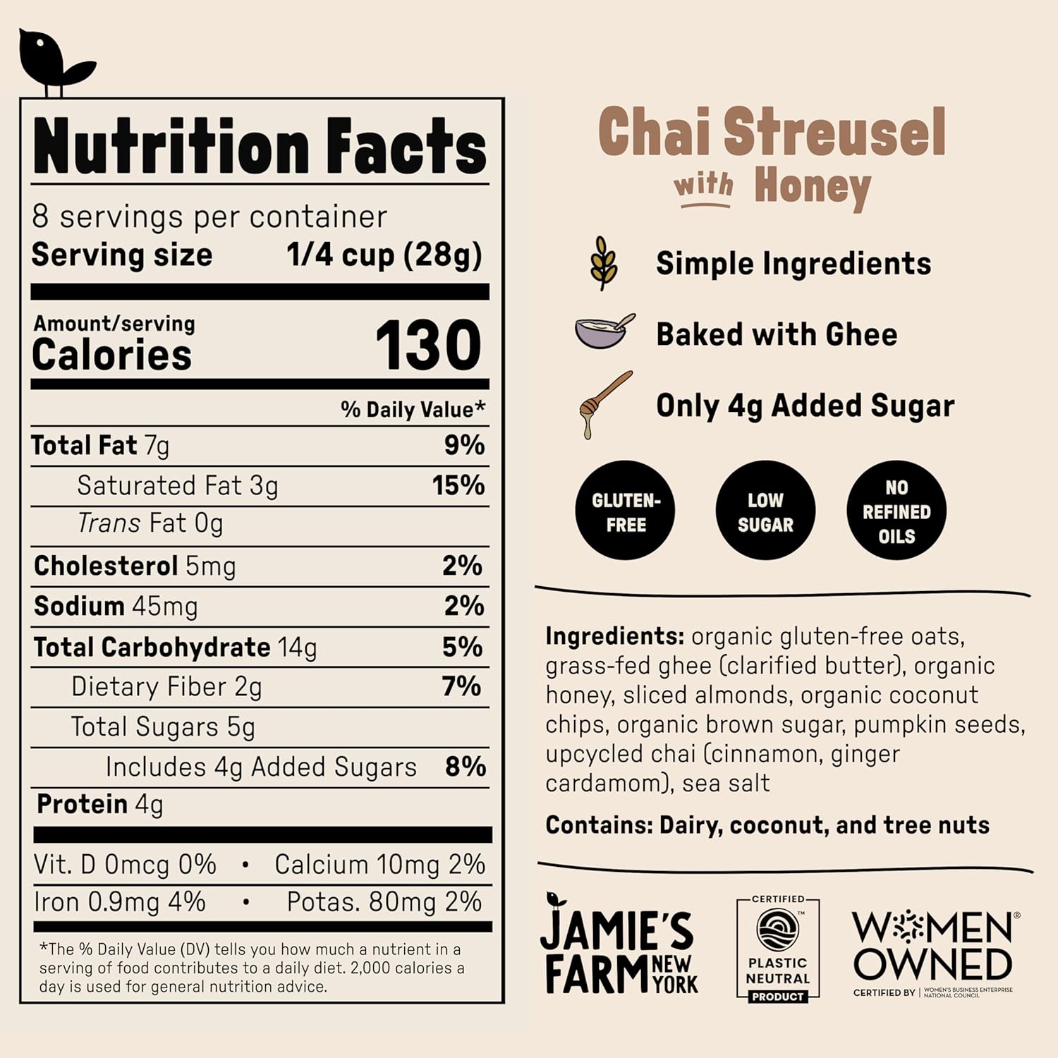 Jamie's Farm New York, Chai Streusel Granola w/Honey (3 pcs) - Gluten Free Organic Cereal, Low Sugar | Baked w/Grass-fed Ghee Clarified Butter, Chai Mix, Gluten Free Snack - 8oz/pcs