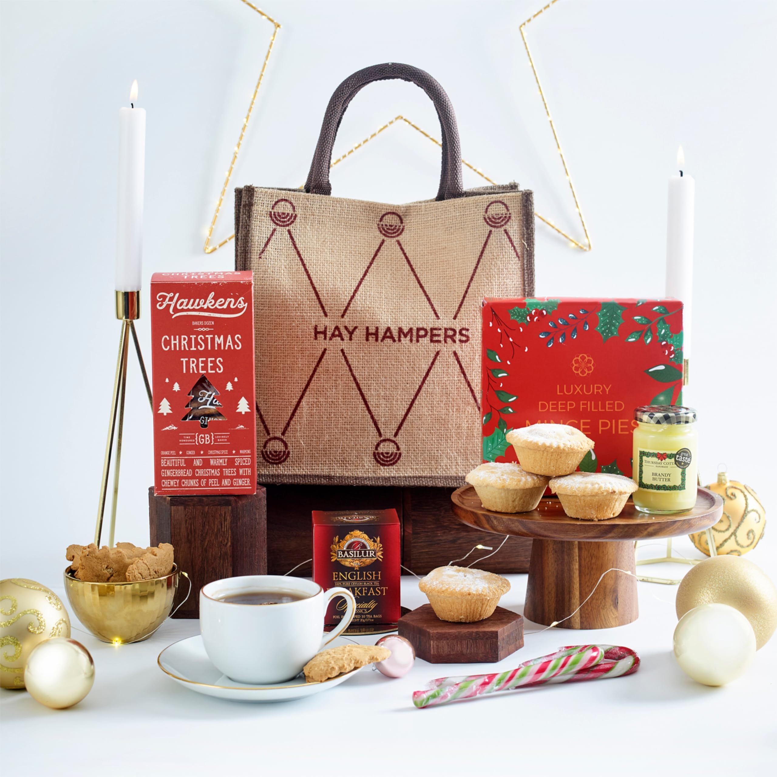 Christmas Afternoon Tea Hamper for 2 - Mince Pies, Gingerbread, Brandy Butter, Candy Cane & English Breakfast Tea - Couples Christmas Gifts, Xmas Hamper Gifts for Women - by Hay Hampers