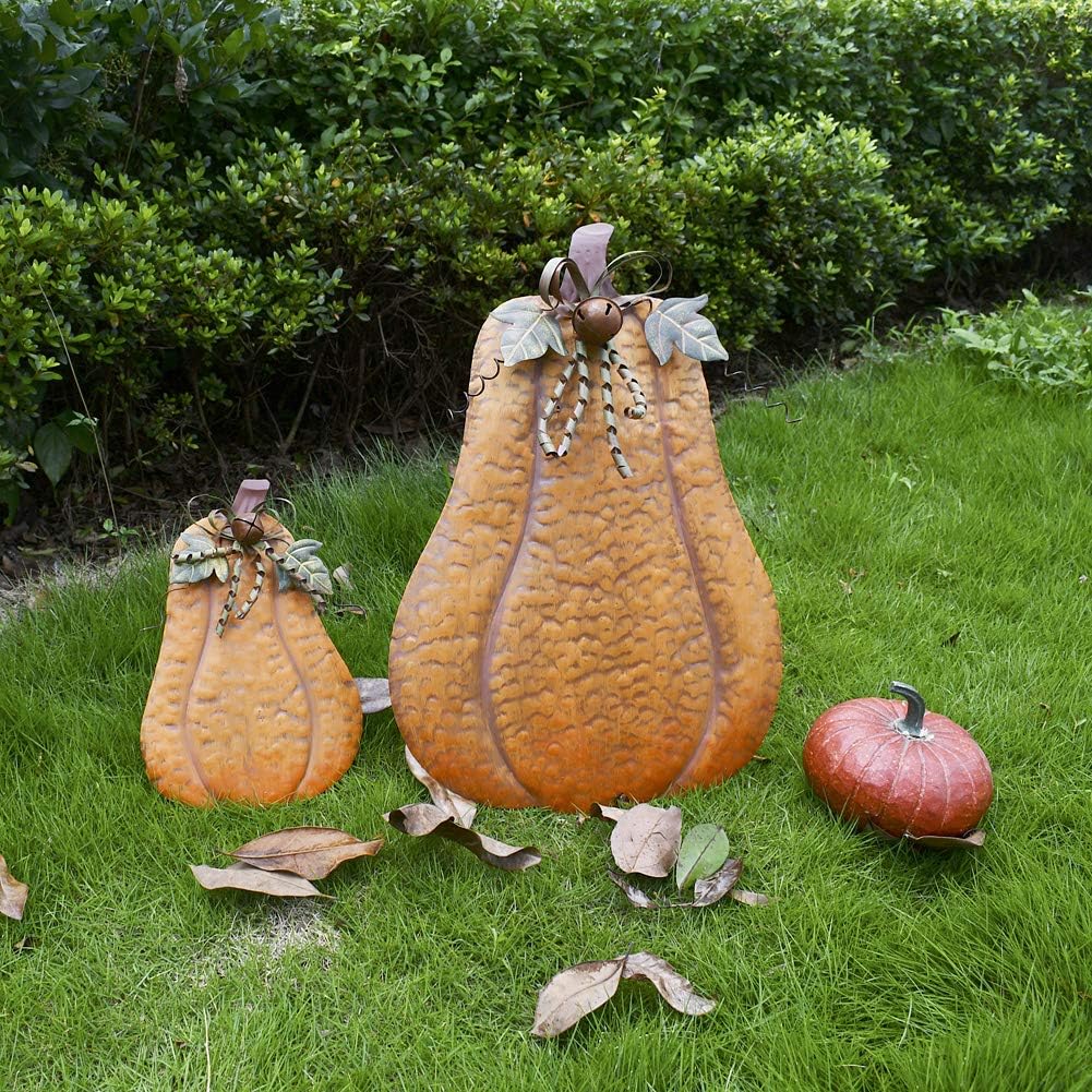 Metal Pumpkin Harvest Fall Decor Thanksgiving Halloween Outdoor Yard Garden Decor Free Standing Pumpkin Decorations for Home (H-13.5")