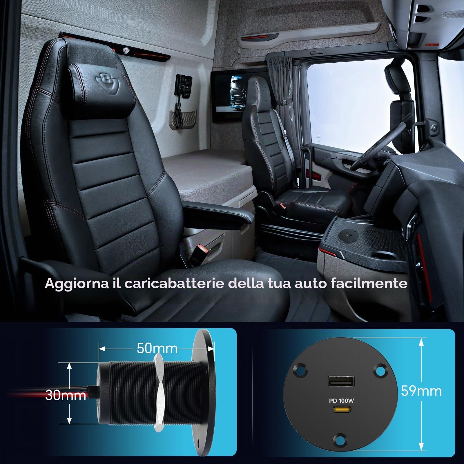 Presa USB 12V Camper, Alluminio Presa USB-C 100W & USB-A QC3.0 18W Caricatore Carica Rapida per Laptop, per Roulotte Barca Camion Auto, 2 Pezzi