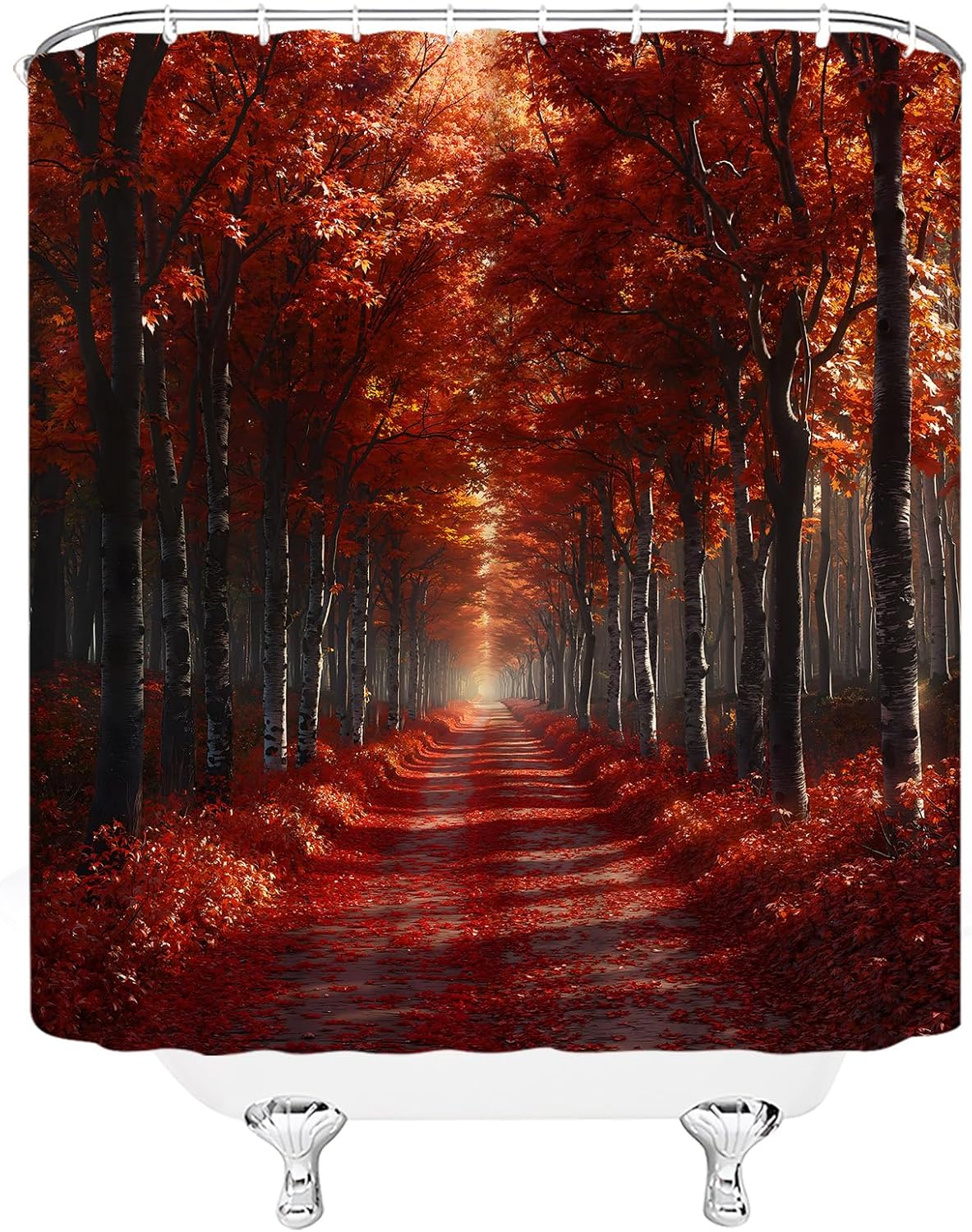 Fall Forest Shower Curtain Autumn Maple Leaves Sunshine Forest Tree Nature Season Scenery,Red 70" Wx78 H Fabric Bathroom Decor Curtain with Hooks