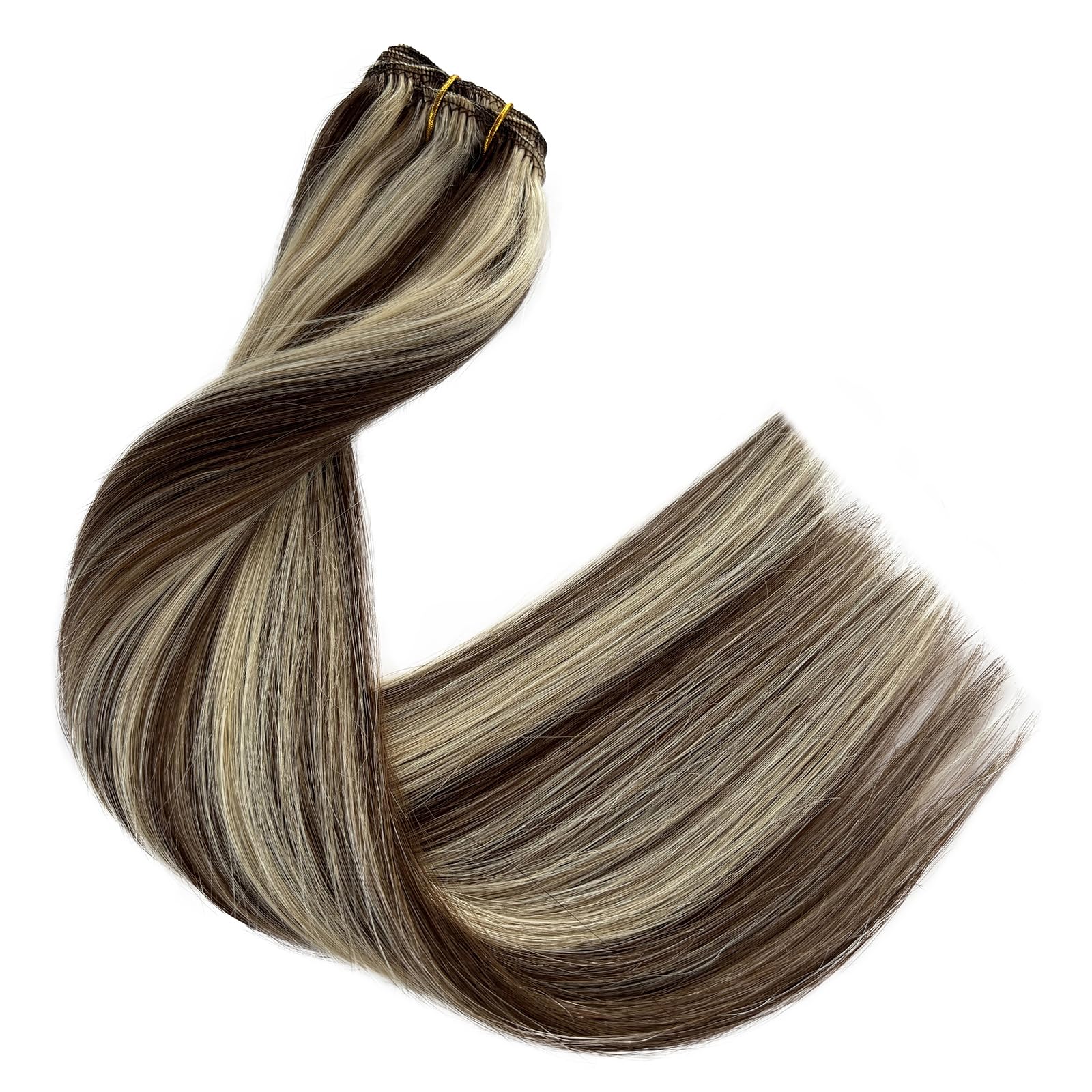 Doczepiane włosy z klipsem, prawdziwe ludzkie włosy, 38 cm, 7 szt., brązowe i blond, pasemka grube, pełne brązowe włosy z klipsami, lekkie w noszeniu