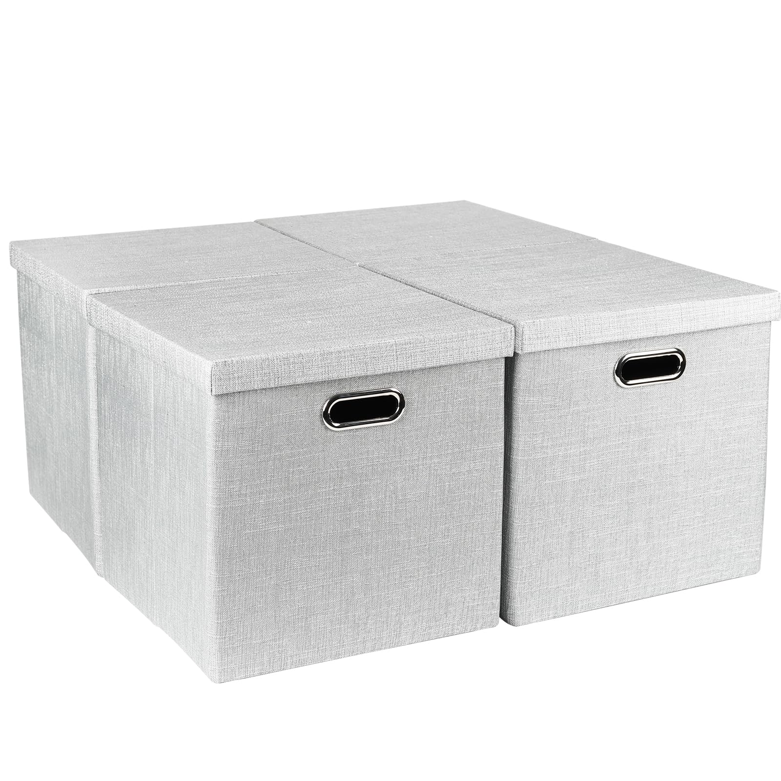 BinWhizBinWhiz 33x33x33 cm Collapsible High-density Fabric Storage Cubes with Lids, Burlap Cloth Bin Organizer Box, Set of 4, Silver Grey