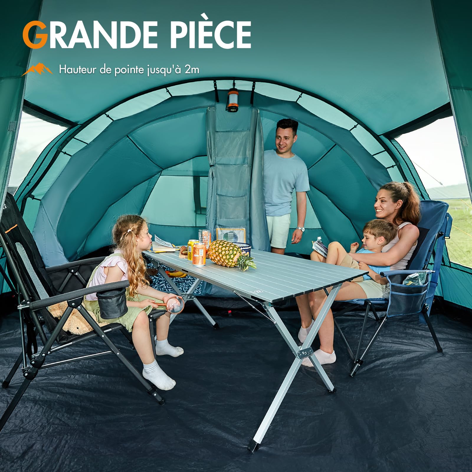 Portal tente tunnel étanche 3000 mm pour 6 personnes - 2 cabines de couchage - Haute - Auvent - Bac de sol - XXL