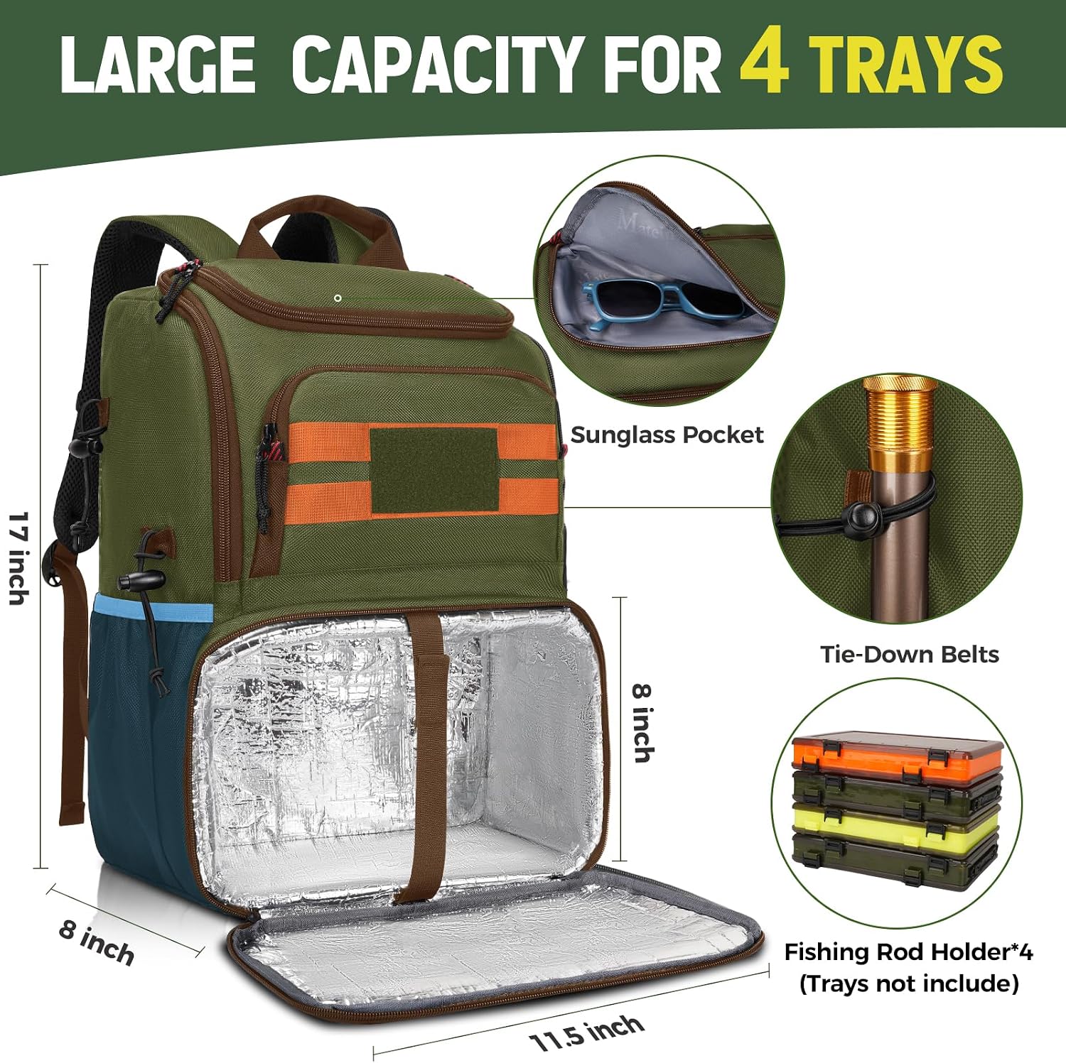 MATEIN Fishing Backpack Tackle Box, Water Resistant Tackle Backpack with Cooler & Rod Holders, Fishing Gifts for Men