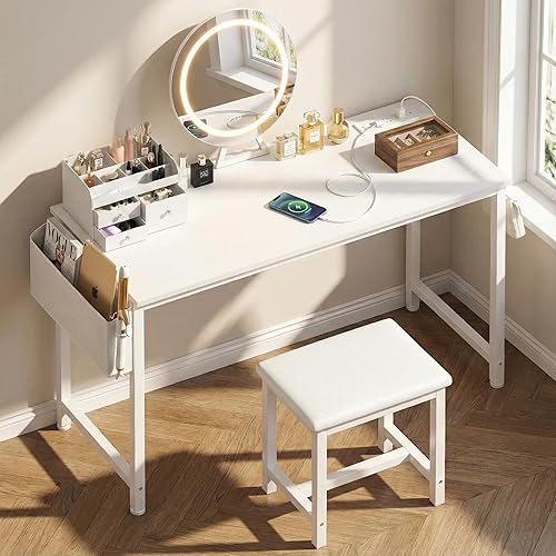 Miniatura 14 de Pequeño escritorio de maquillaje con luces, juego de tocador blanco para niñas con espejo y silla, tocador de maquillaje con cajones y toma de