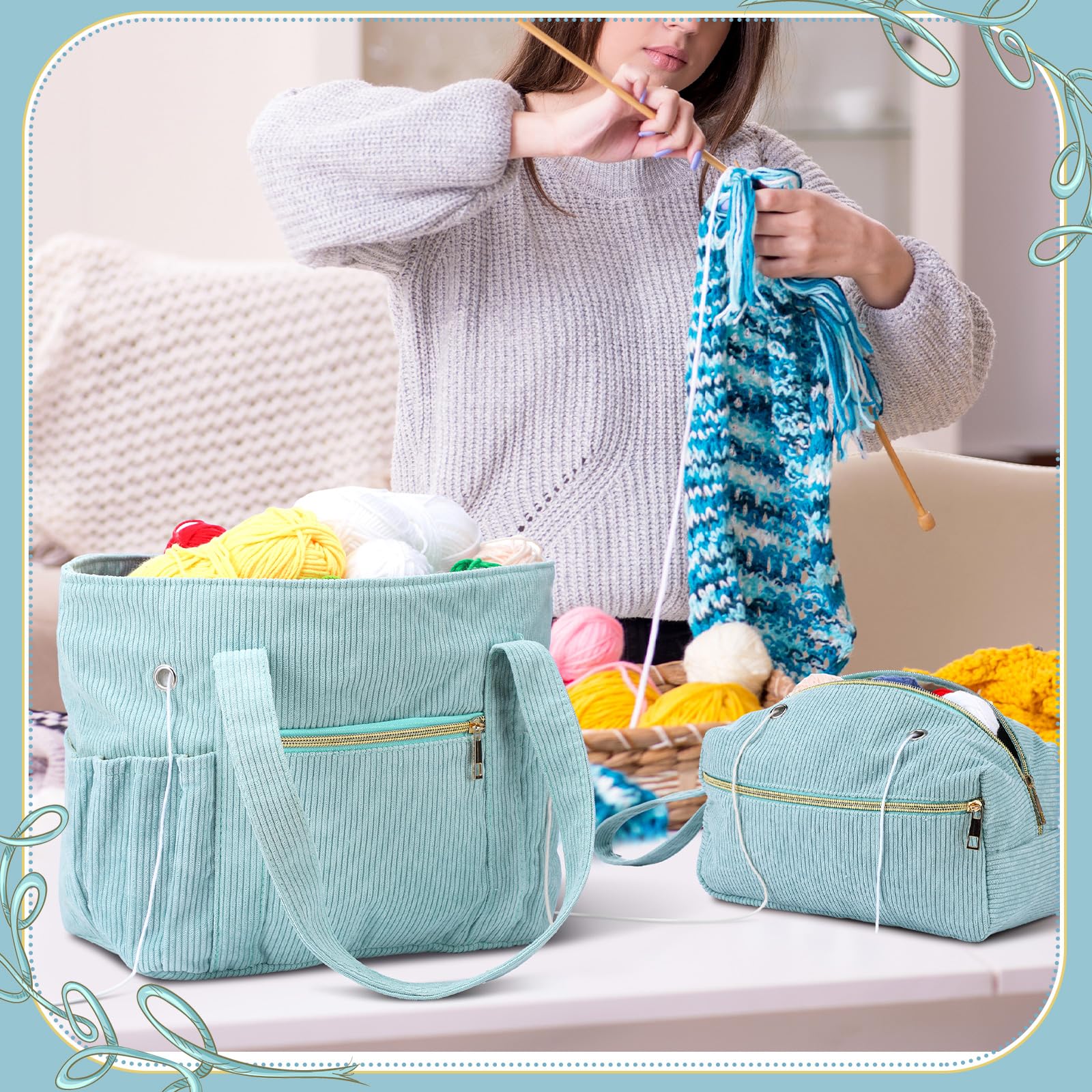 Juego de 2 bolsas de ganchillo y bolsa de pana para ganchillo, bolsa de ganchillo para ganchos de ganchillo, organizador de hilo para regalo de Navidad, amantes del ganchillo, bolsa de tejer