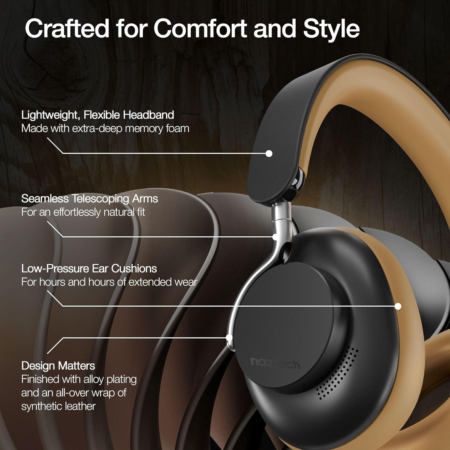 Naztech Aura 360 Vintage 24HR ANC Over Ear Headphone Wireless, Noise Cancelling Headphones Over Ear, Bluetooth Headphone Gym, Active Noise Cancelling Head Phones, Multipoint Connection Dual Voice Mic