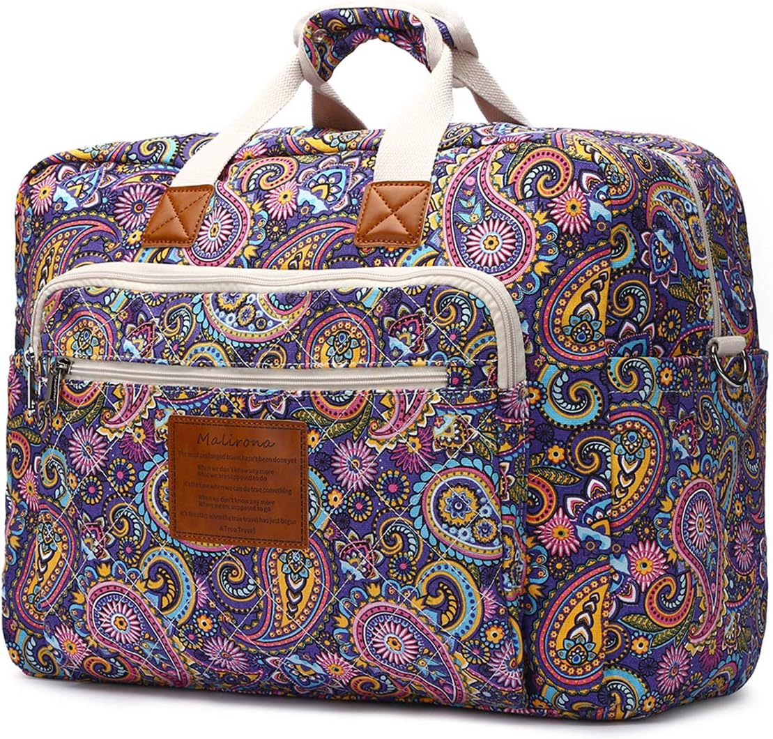 Malirona Women‘s Canvas Overnight Weekender Bag Carry On Travel Duffel Tote Bag Bohemian Flower (Purple Flower)