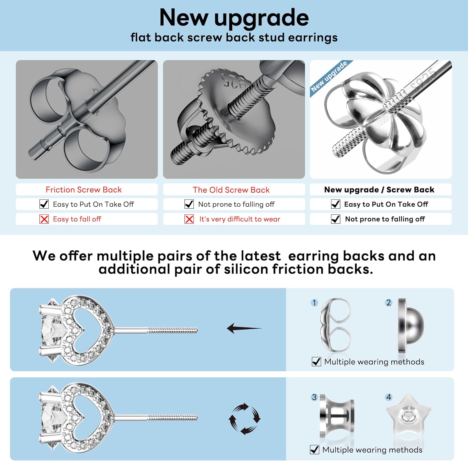 Moissanite Heart Screw Back Earrings, Lab Round Cut Diamond Stud Earrings for Women, 18K White Gold Plated 925 Sterling Silver Hypoallergenic Diamond Earrings, D Color VVS1 Clarity Lab Created Moissanite for Valentine's Day Jewelry Gifts(0.5-3ct) - Image 6