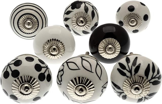 knoa Set of 8 Black White Silver Ceramic Knobs Vintage Antique Cupboard Door Handles