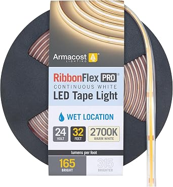 Armacost Lighting RibbonFlex Pro COB Outdoor LED Strip Lights 24V, 2700K, 165 Lumens/Ft, 10M 171152N