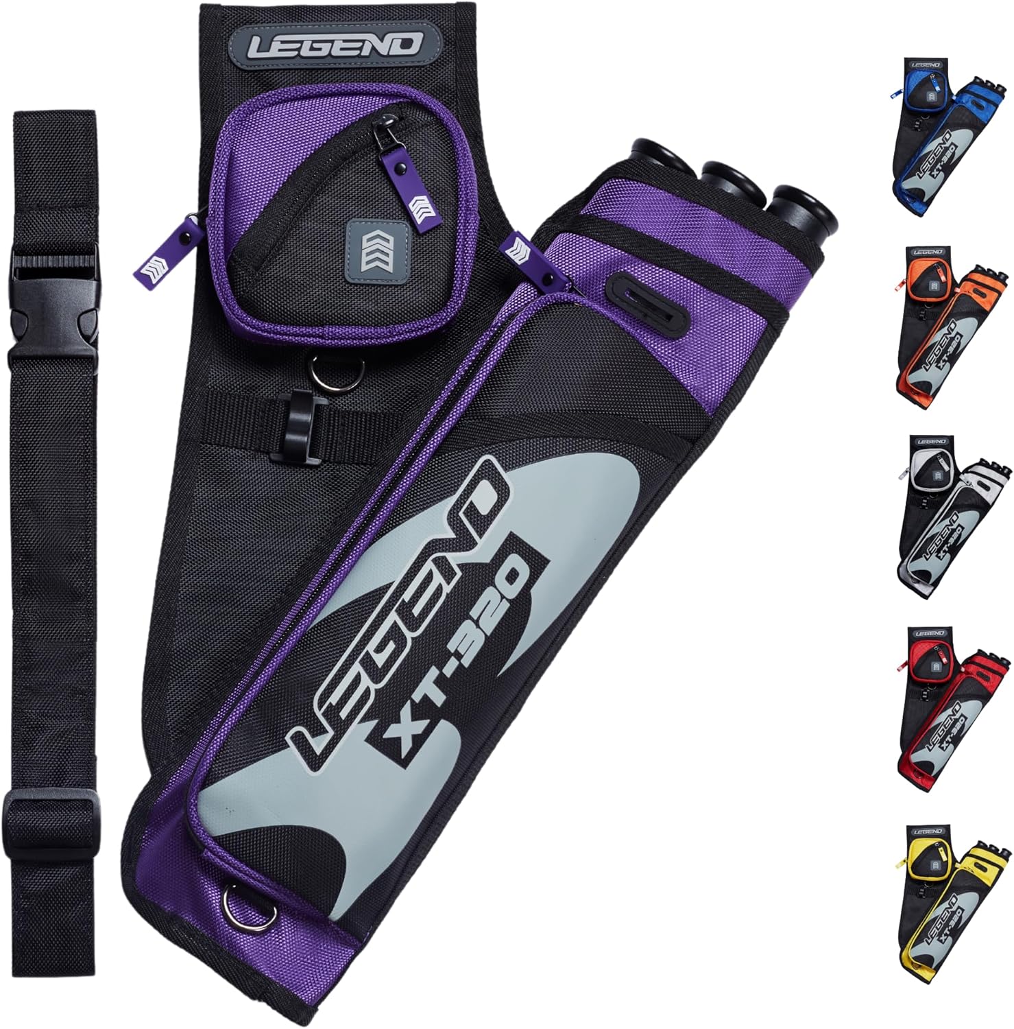 LEGEND XT320 Archery Quivers - Nylon Hip Quivers with 3 Arrow Tube Cases for Target Shooting - Adjustable Waist Belt, T-Slot, Storage Compartments for Accessories, Gear, Tools, Release Tab, Score Card