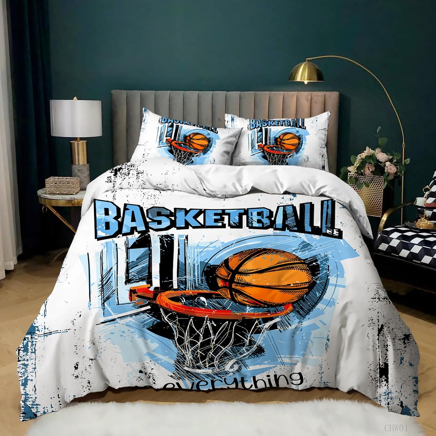 AILONEN Basketball Duvet Cover Set Boys Sports Bedding Set Queen Size,Graffiti Hand Drawn Style Comforter Cover,1 Quilt Cover + 2 Pillowcases,3 Pieces,Soft Microfiber