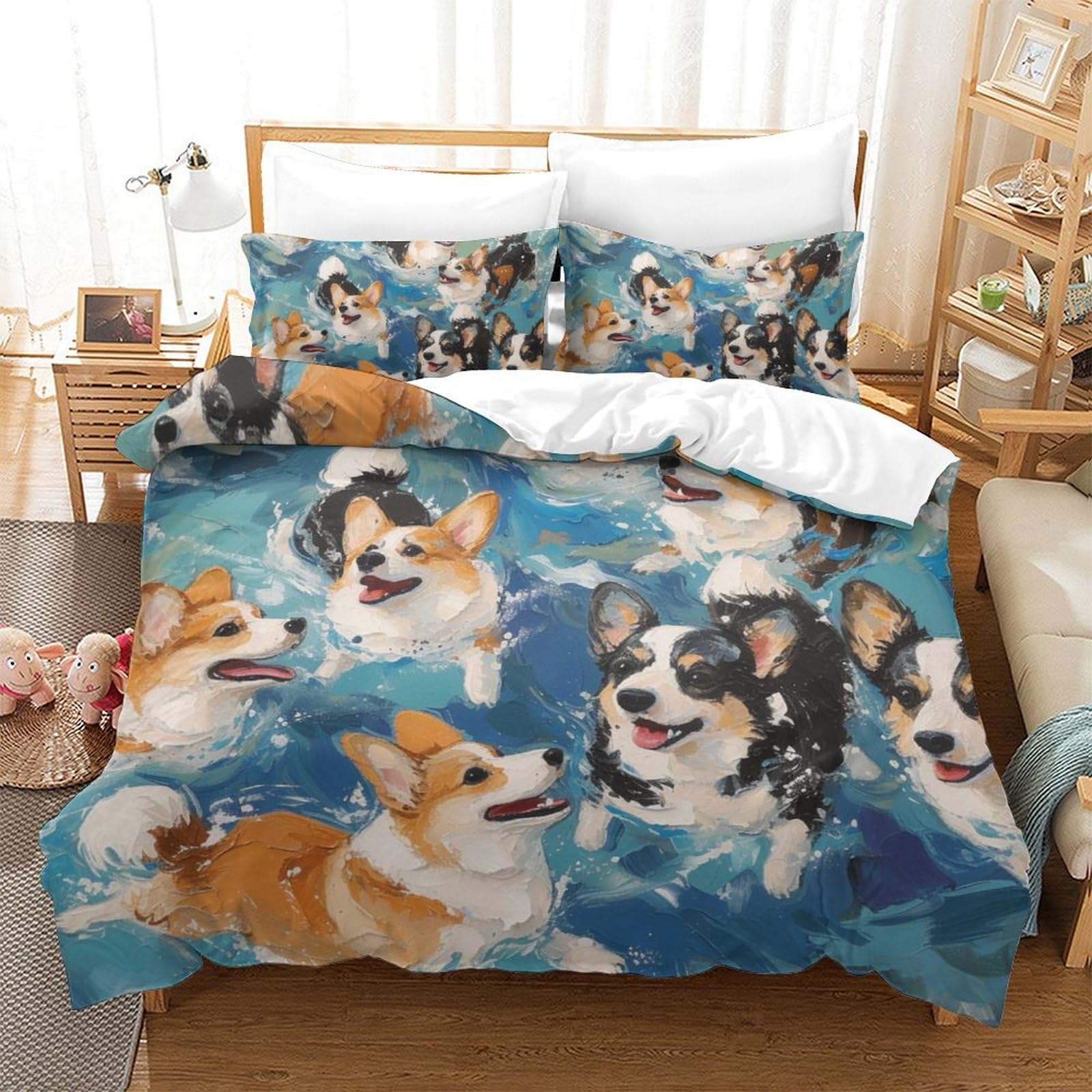 Housse de couette Corgi 3D imprimée microfibre set de lit 3 pièces King
