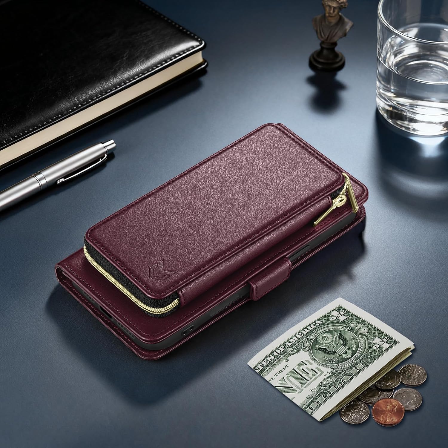 DJBEAR for iPhone 16 Pro Max 6.9" Wallet Case for Men & Women, All-in-One Flip Folio Cover with 9 Card Slots, Zipper Pocket, Detachable Wrist Strap, Full Body Protection for Apple 16 Pro Max Wine Red