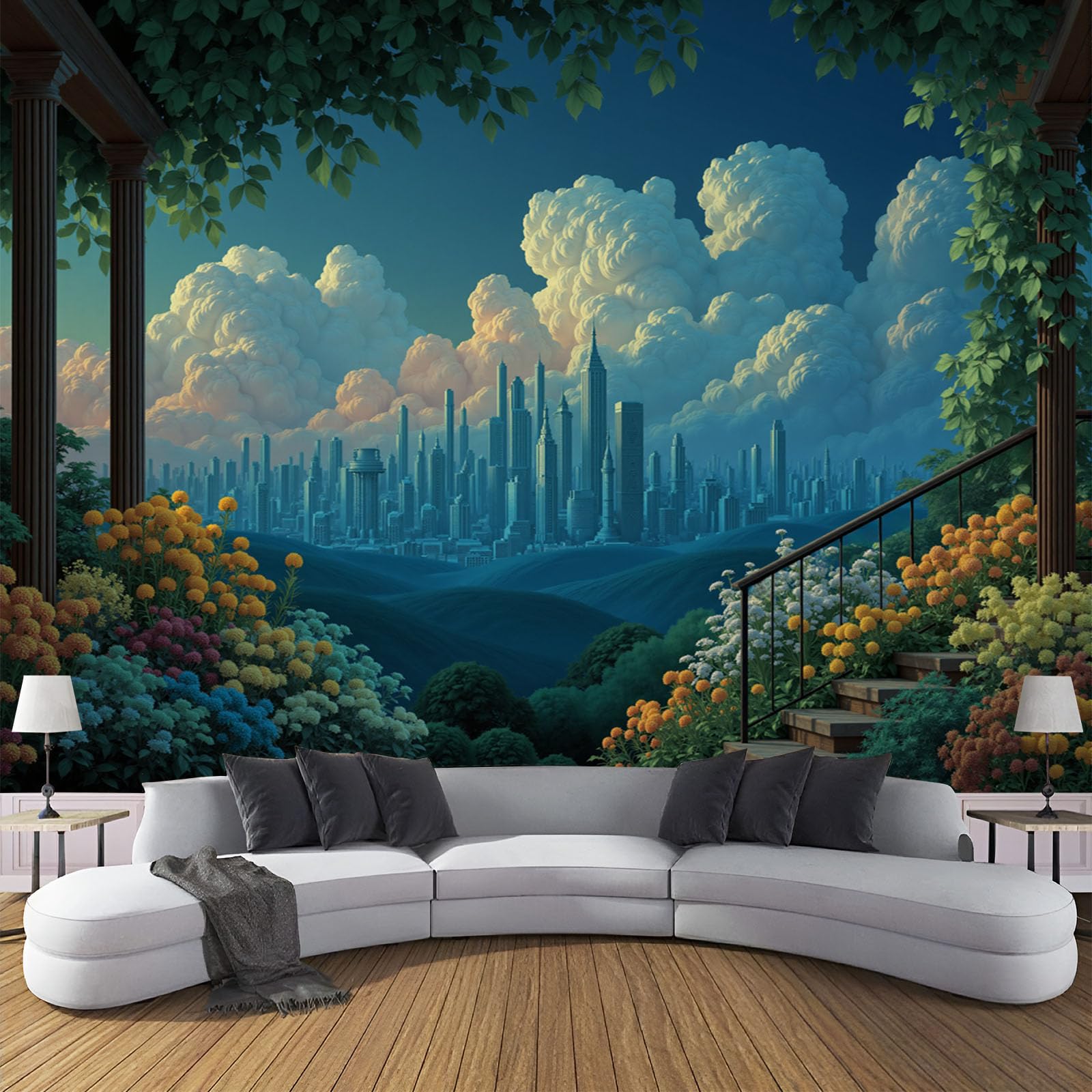 Horizon De La Ville Papier Peint 3D pour un Salon Moderne et Lumineux