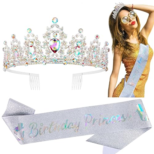 Miniatura 13 de SuPoo Purple Birthday Sash and Crown Kit - Princess Tiara With Comb, Glitter Sash for Women, Crystal Headband for Girls - Happy Birthday Decorations