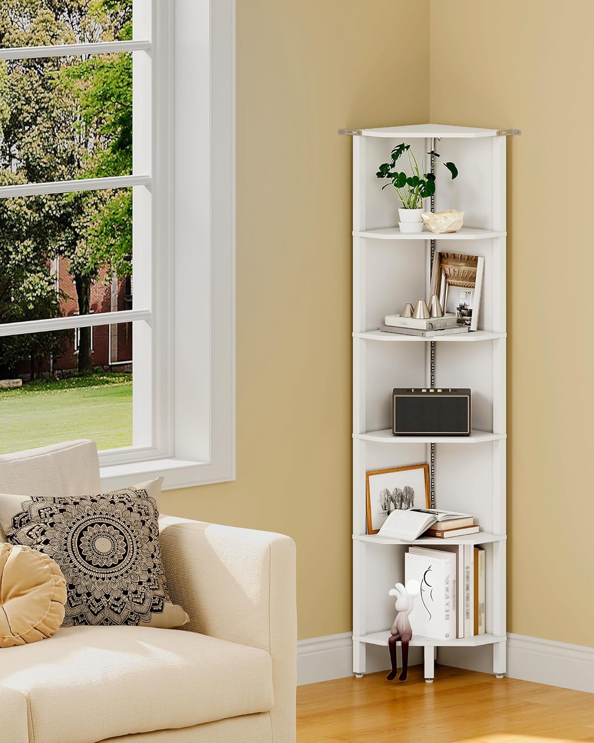 LED Corner Shelf with Lights, 5-Tier Diamond Shape Bookshelf, Standing Narrow Storage Organizer for Living Room, Bedroom, Office, Study, White MCJ03DWB