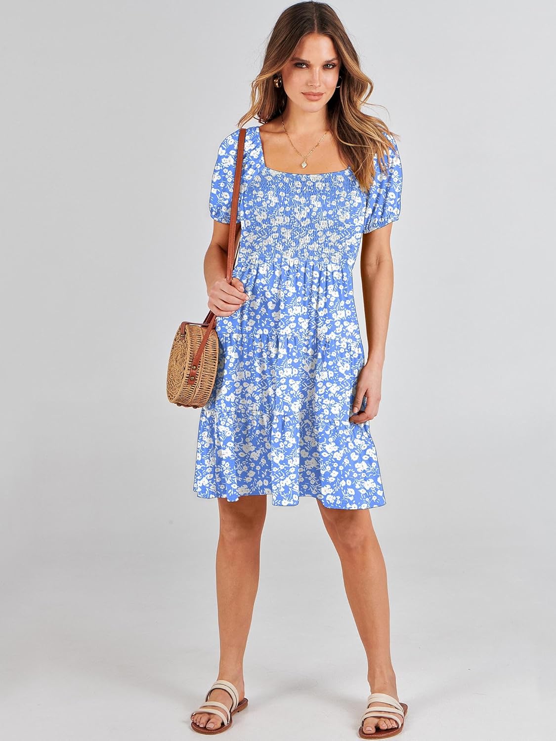 ANRABESS Womens 2026 Summer Casual Dress Square Neck Puff Sleeve Boho Beach Vacation Short Dress - Image 3