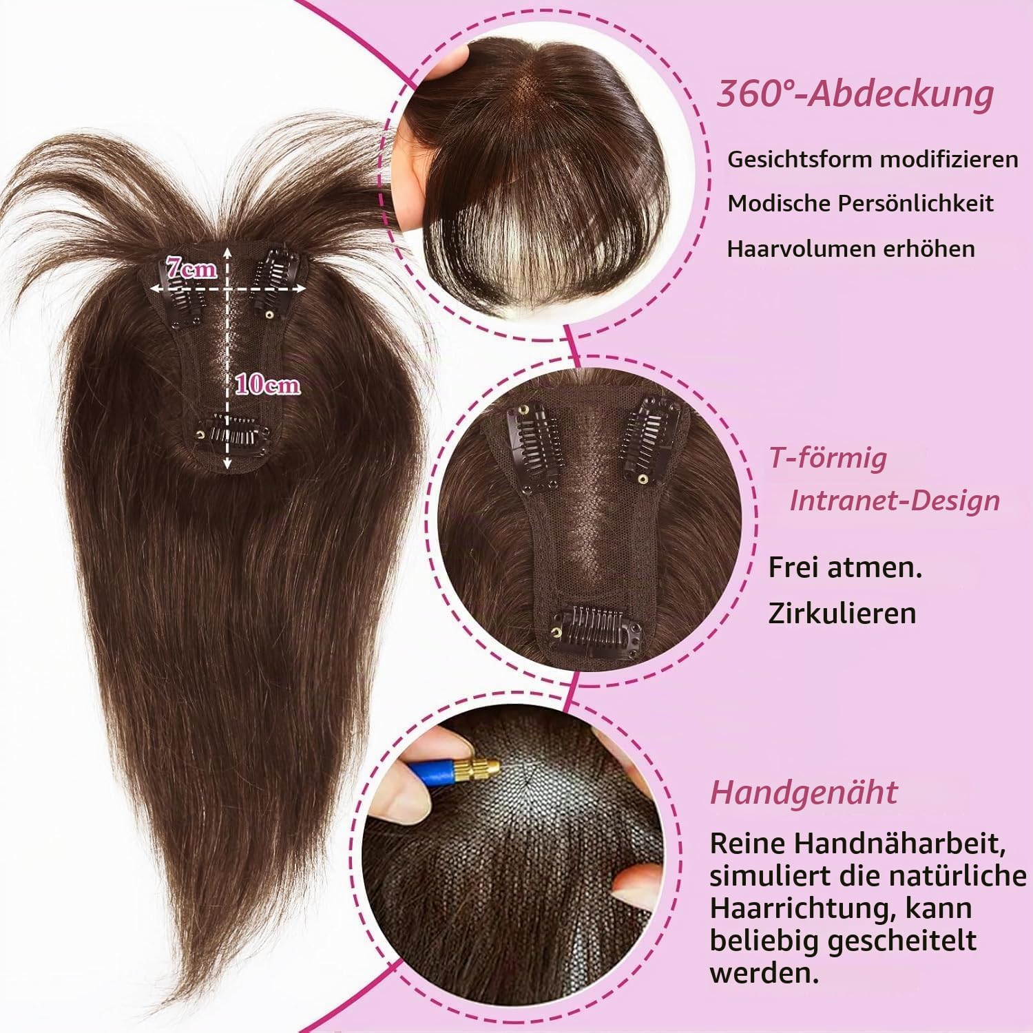 Echthaar Topper Mit Pony 360° 3D Abdeckung Topper Für Frauen Remy Echthaarteile Für Frauen Mit Dünner Werdendem Haar Glatter Clip in Pony Mit Toppers(Dunkelbraun #2, 20cm 8 Zoll)