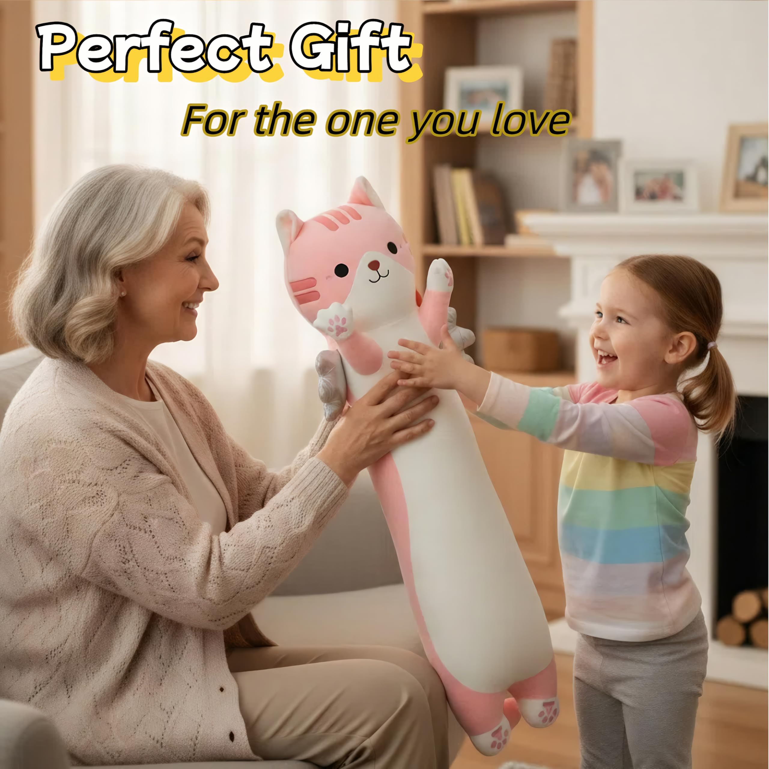 Cojín de gato con alas, 110 cm de largo, cojín de felpa suave para dormir de lado, bonito gato de peluche Kawaii como juguete gigante para adultos y niños (rosa)