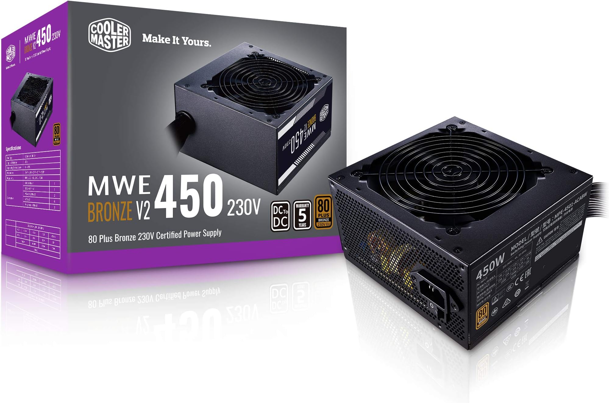 Cooler Master MWE 450 Bronze V2 Power Supply - Non-Modular | 80 Plus Bronze Certified | 120mm HDB Fan | DC-to-DC Circuit Design | ATX 2.52 Version | 450 Watt