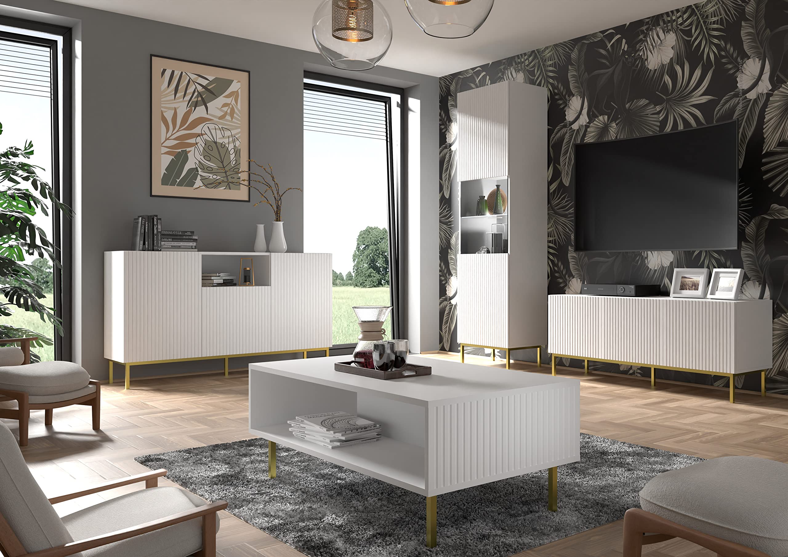 BIM Furniture TV-Schrank Ravenna B 200 cm 4D mit gefräster Front Hochwertiges MDF Lowboard Schrank TV Tisch Sideboard Kommode Hi-Fi Tisch Fernsehtisch Skandinavische (Weiß Matt)