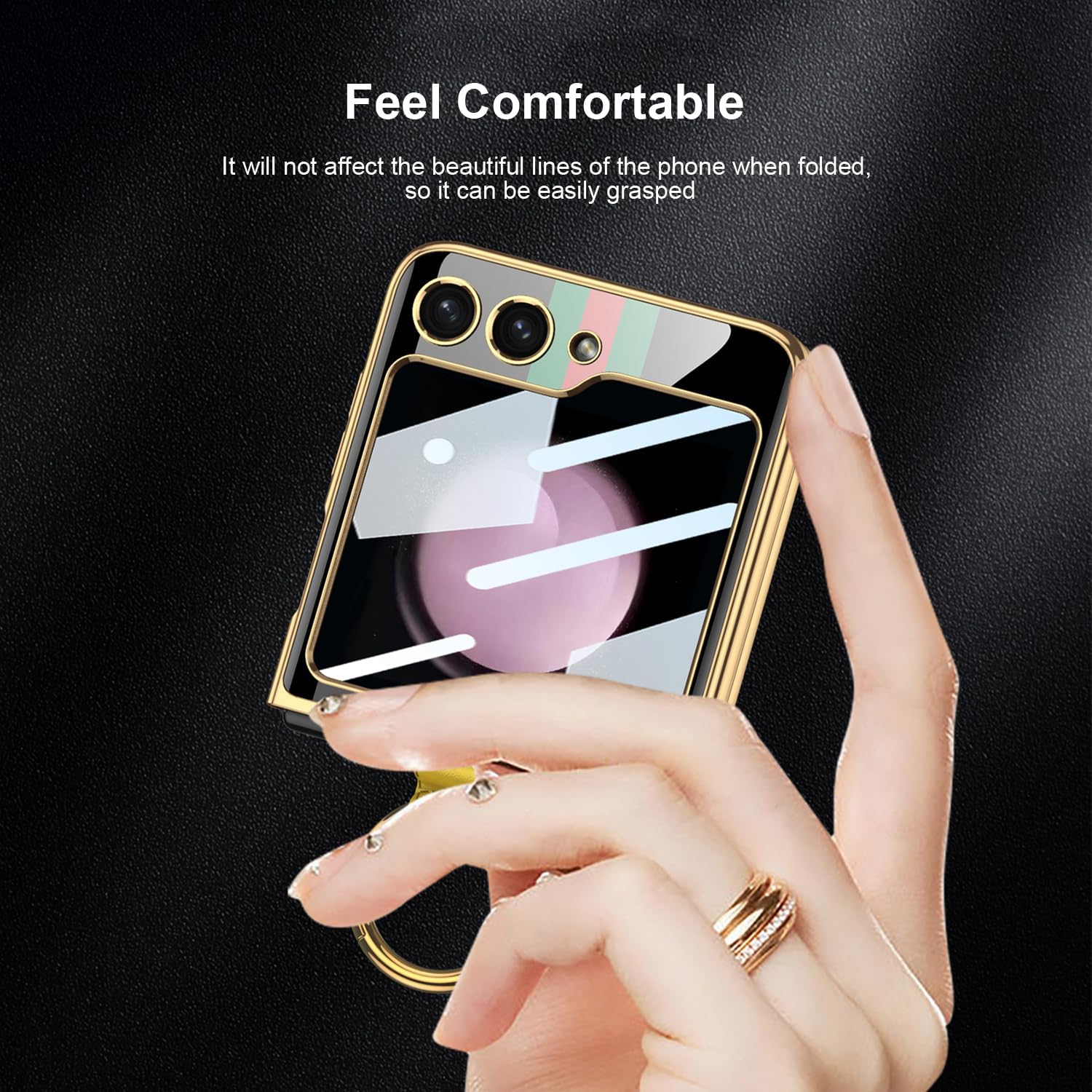 SHIEID Galaxy Z Flip 5 Case Painted Glass Phone Cover with Ring Holder and Small Screen Protection Ultra-Thin Glass Fashion Design for Samsung Galaxy Z Flip 5 Case, Mysterious Black