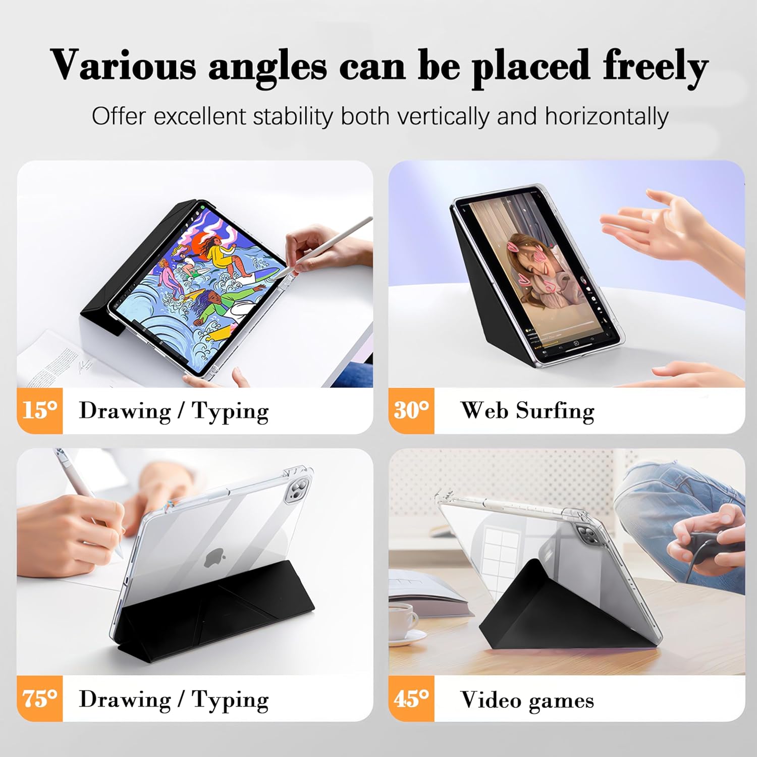 iPad Pro 11" & Air 10.9" Case With Pencil Holder - Folding Folio Stand for iPad Air 6, 5 & 4 (2024-2020), 2022-2018 iPad Pro (1st-4th Gen) - Origami Design - Exquisite Black - Image 5