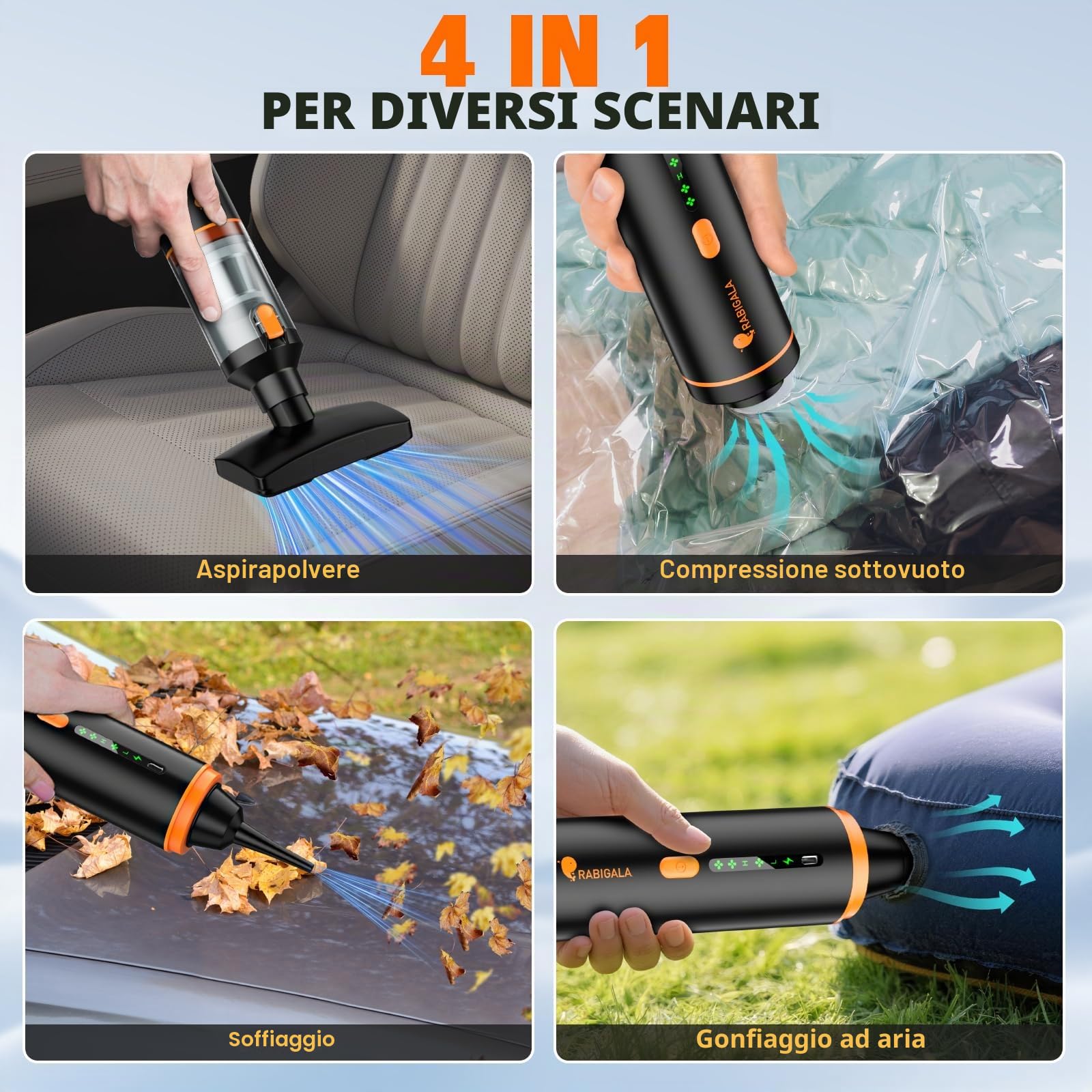 RABIGALA Aspirapolvere portatile a batteria 4 in 1, 30000PA per auto ad alte prestazioni, vincitore del test della batteria, 3 marce, 280000 giri/min, pour Voiture, Cuisine, PC, canapé, Bureau