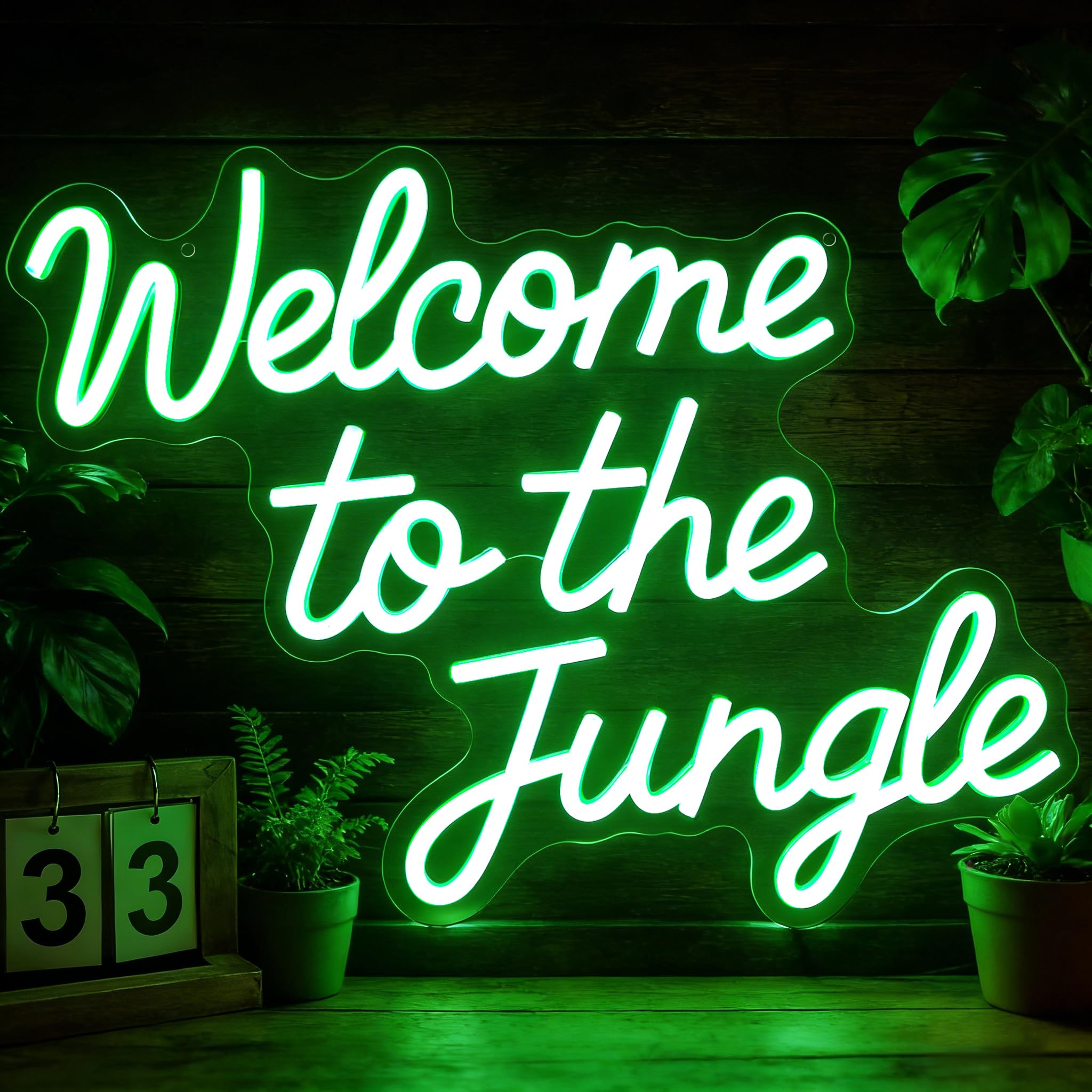 Letrero de neón con texto en inglés "Welcome to the Jungle" para decoración de la selva, luces LED verdes regulables para fiesta de selva, aula, guardería, entrada del hogar, habitación