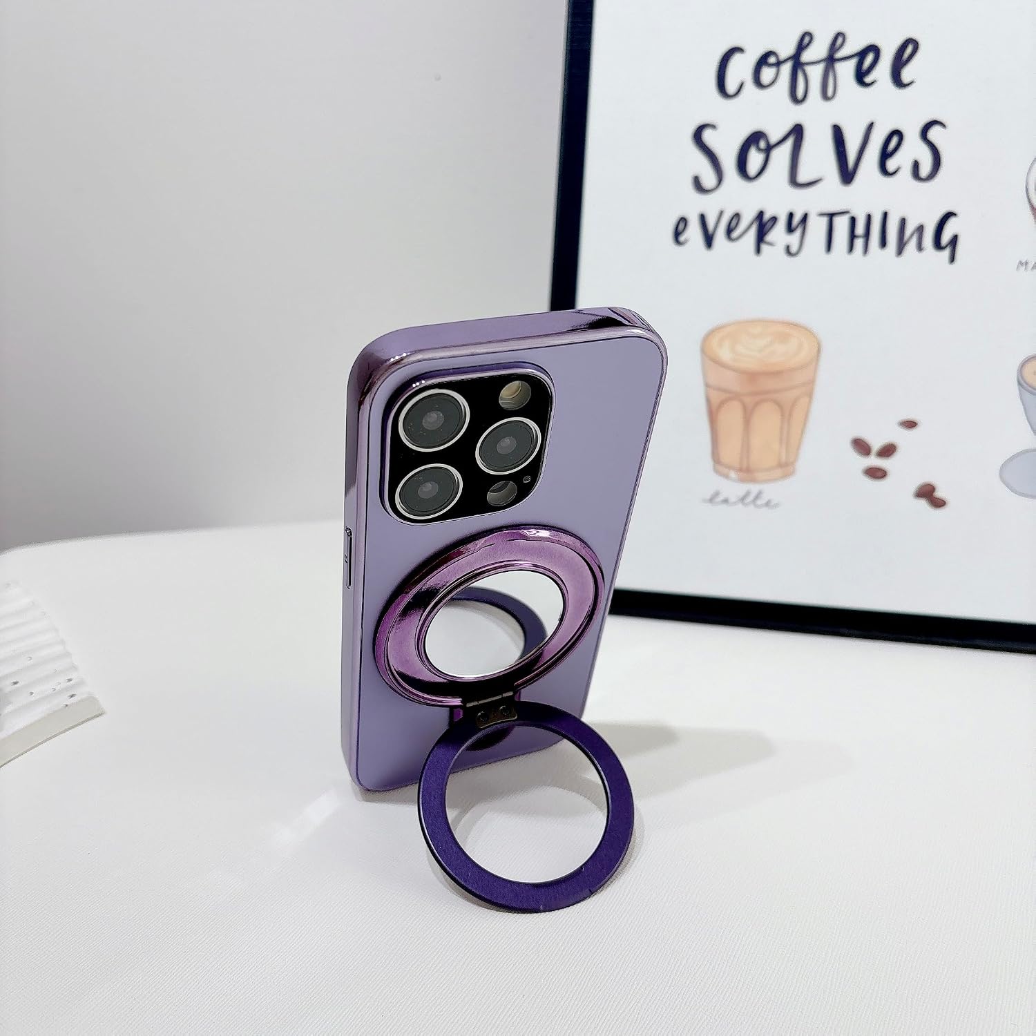 Magnetic Phone Stand Holder Built-in Mirror for Magsafe Case, [Electroplated & Glitter], Phone Grip Stand Ring Kickstand for iPhone 16 Pro Max/15/14/13/12 Series for Girl Women, Rose Gold (Purple) image 3