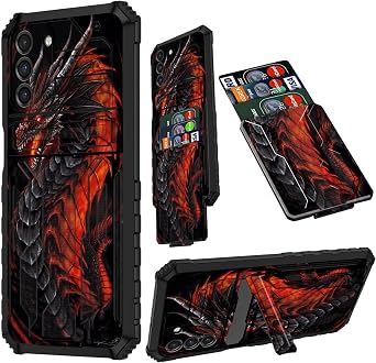 Galaxy S21 5G Case, for Samsung S21 Phone Case with Card Holder Detachable Kickstand Heavy Duty Shockproof Protective Case for Samsung Galaxy S21 5G 6.2", Red Dragon