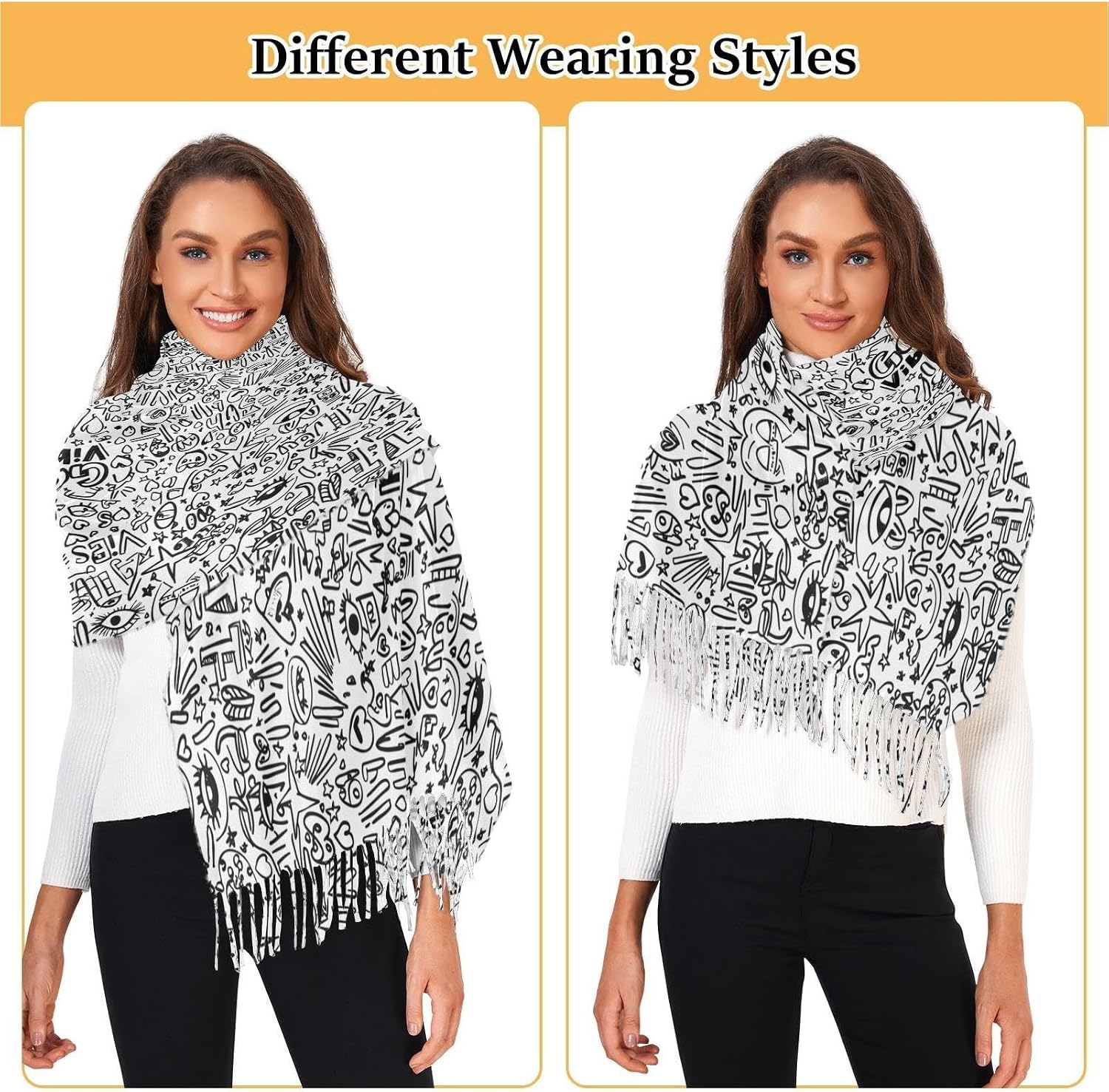 Winter Scarf for Women Cartoon Graffiti Fashion Tassel Shawl Wraps for Women, Cold Weather Warm Womens Scarves Soft Long Scarf Gifts