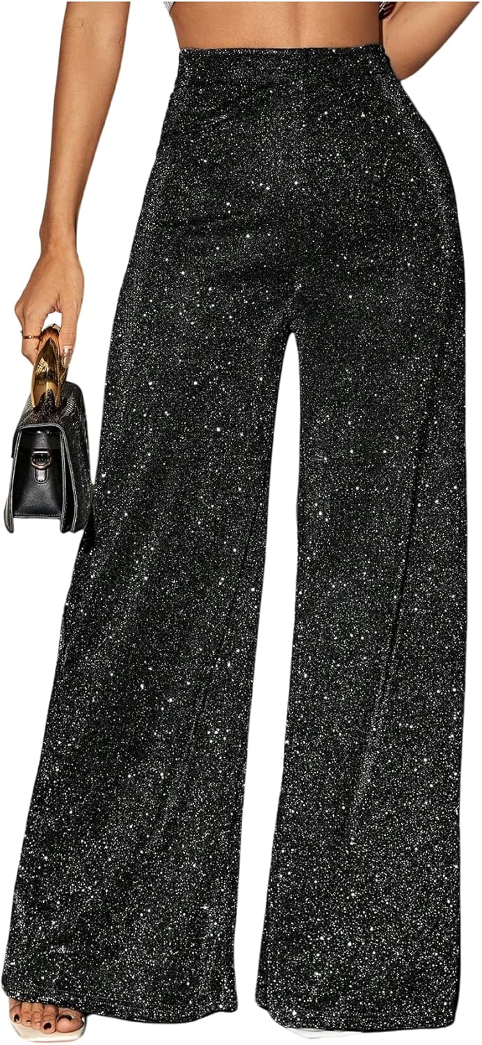 OYOANGLE Women's Sparkly High Waisted Wide Leg Pants Shiny Baggy Palazzo Trousers Party Clubwear